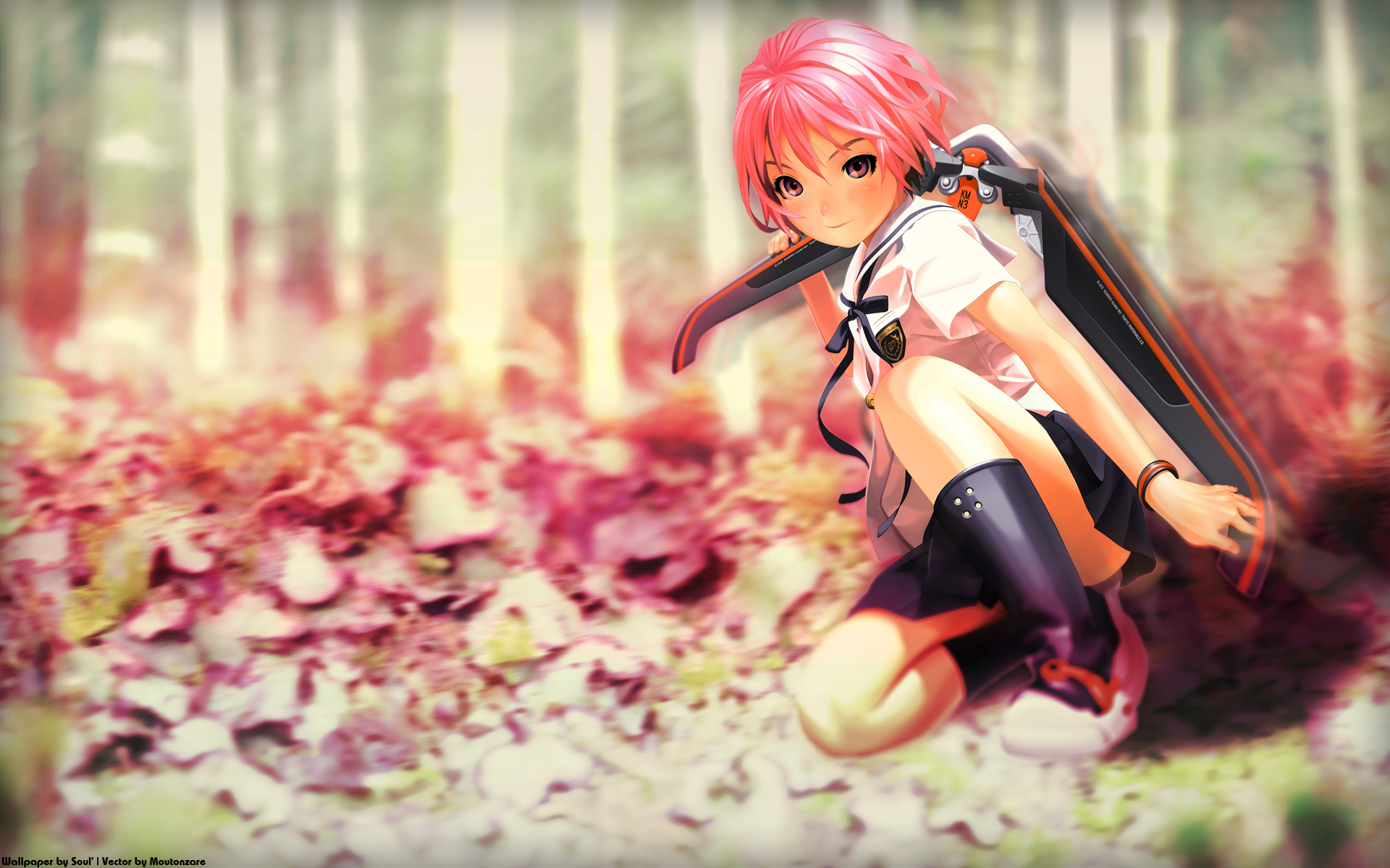 boots, houjou_kuniko, pink, pink_eyes, pink_hair, school_uniform, shangri-la, short_hair