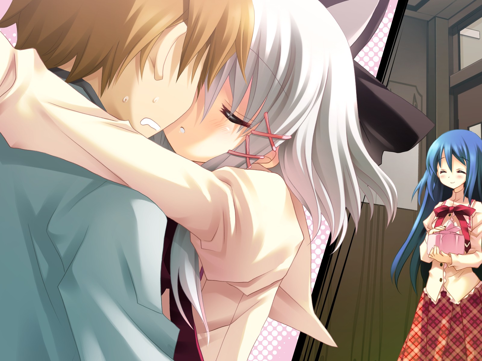 amafuki_setsuka, animal_ears, blue_hair, brown_hair, catgirl, game_cg, gray_hair, hanafubuki