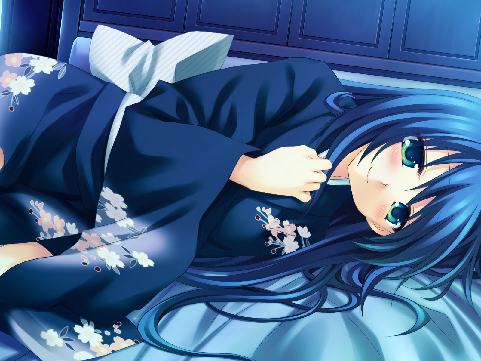 amafuki_setsuka, blue_hair, blush, game_cg, green_eyes, hanafubuki, japanese_clothes