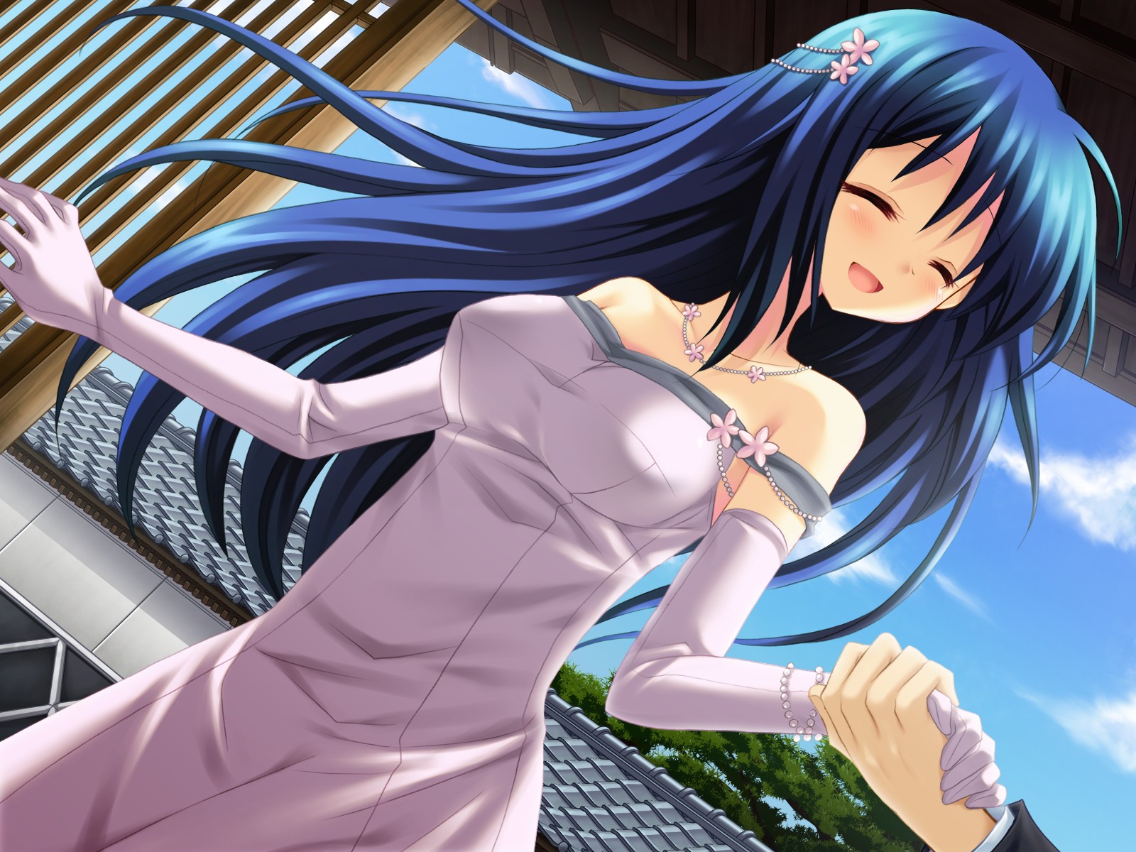 amafuki_setsuka, blue_hair, blush, dress, elbow_gloves, game_cg, gloves, hanafubuki