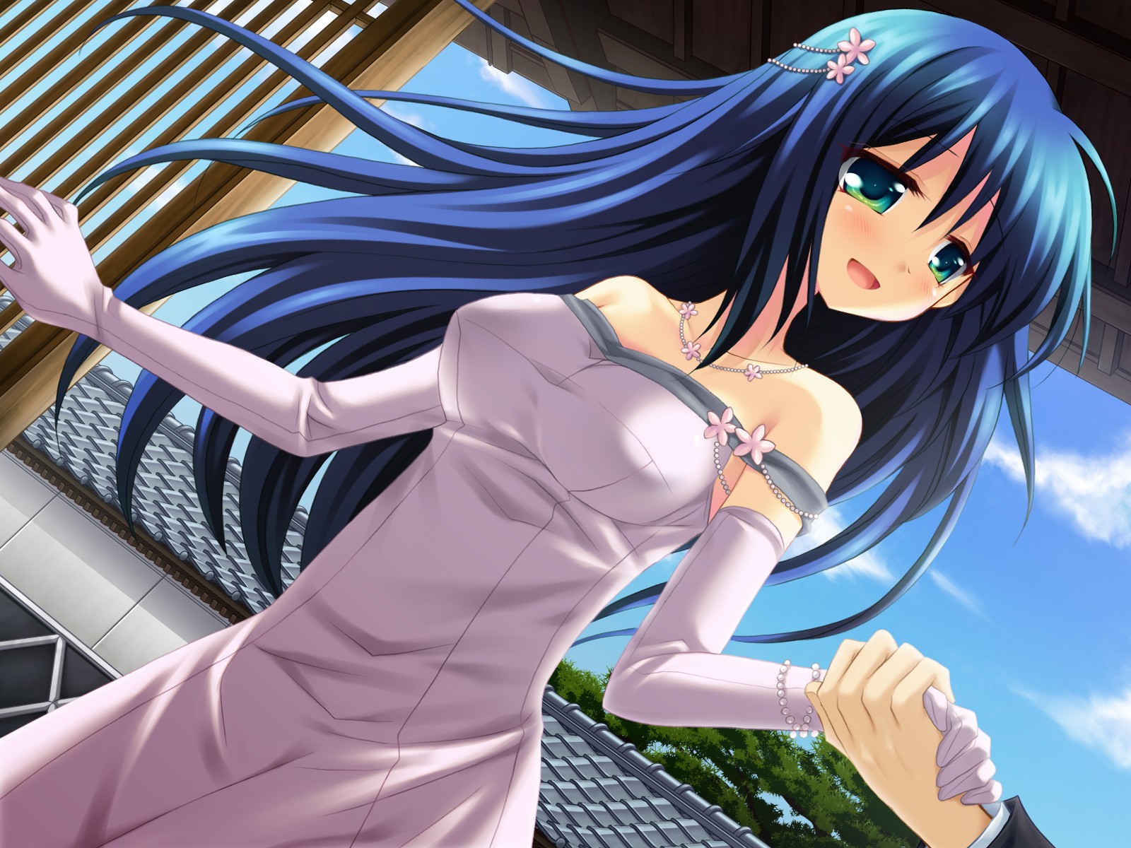 amafuki_setsuka, blue_hair, blush, dress, elbow_gloves, game_cg, gloves, green_eyes