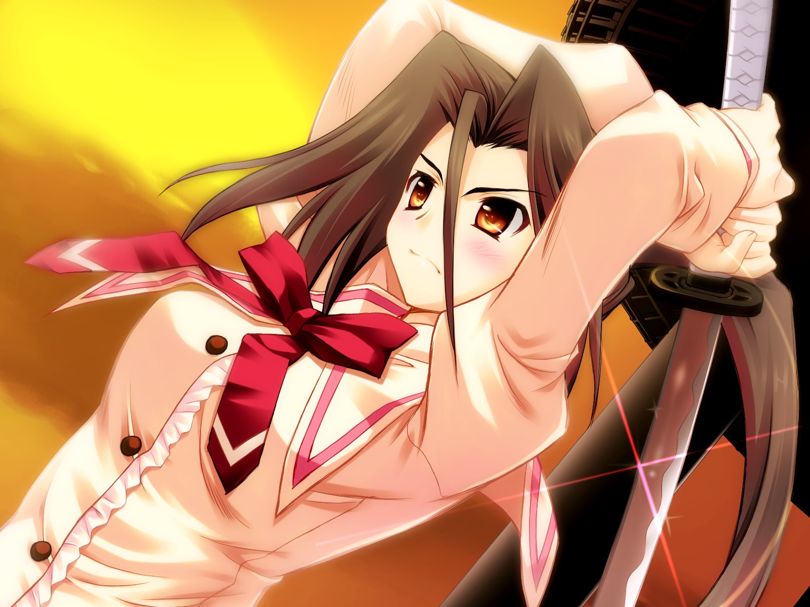 game_cg, hanafubuki, katana, kirinji_himawari, orange_eyes, school_uniform, sword, weapon