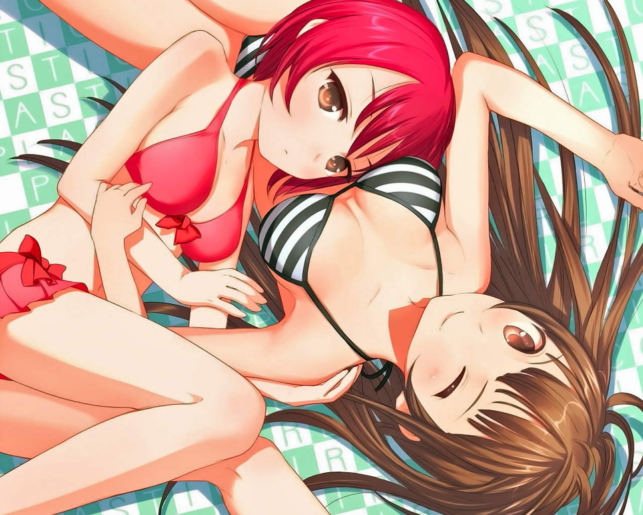 2girls, barefoot, bikini, bow, breasts, brown_eyes, brown_hair, cleavage