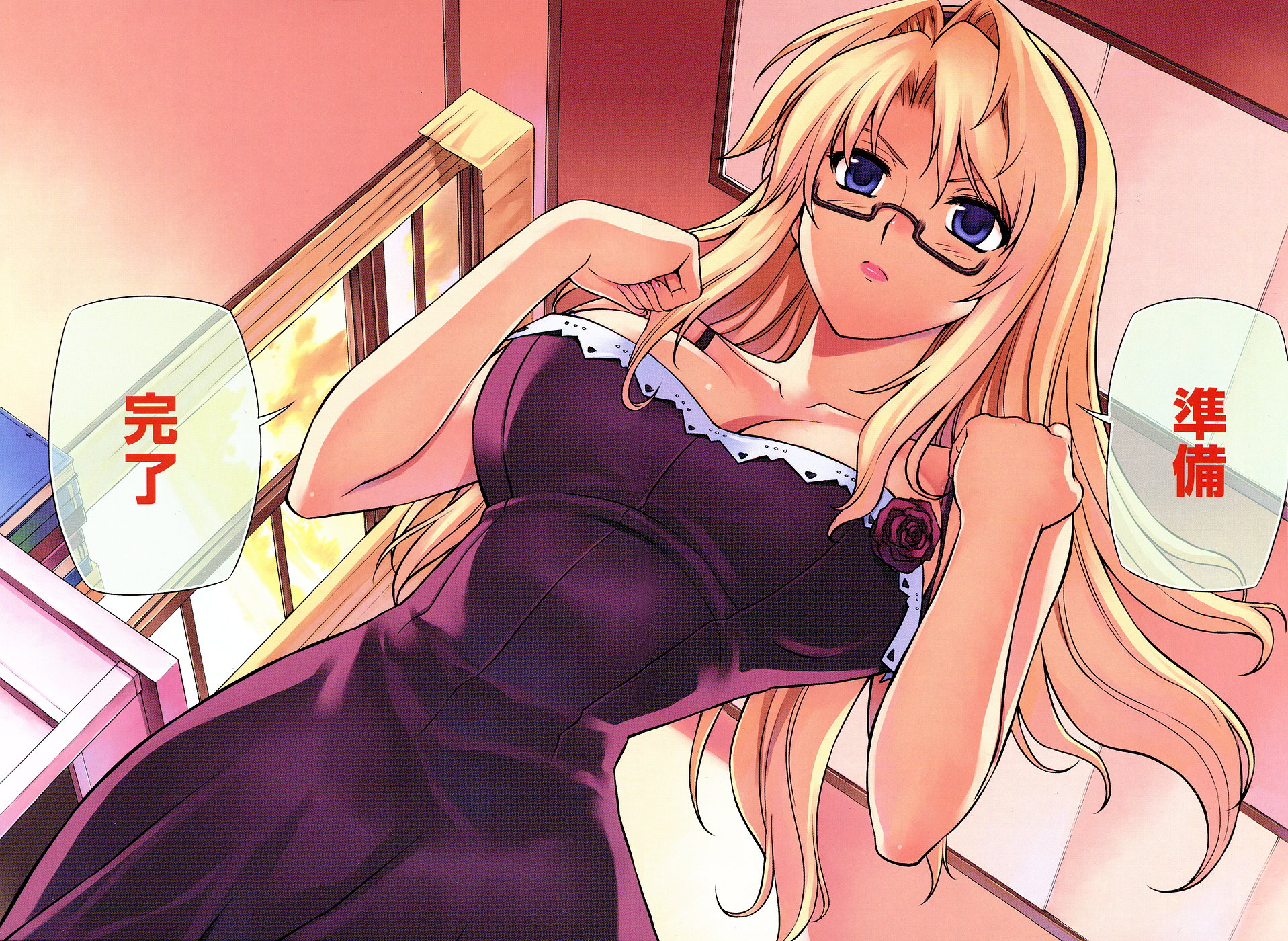 blonde_hair, blue_eyes, breasts, bridget_satellizer, cleavage, dress, freezing, glasses, kim_kwang-hyun
