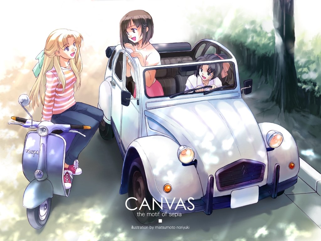 black_eyes, black_hair, blonde_hair, blue_eyes, brown_eyes, brown_hair, canvas, car