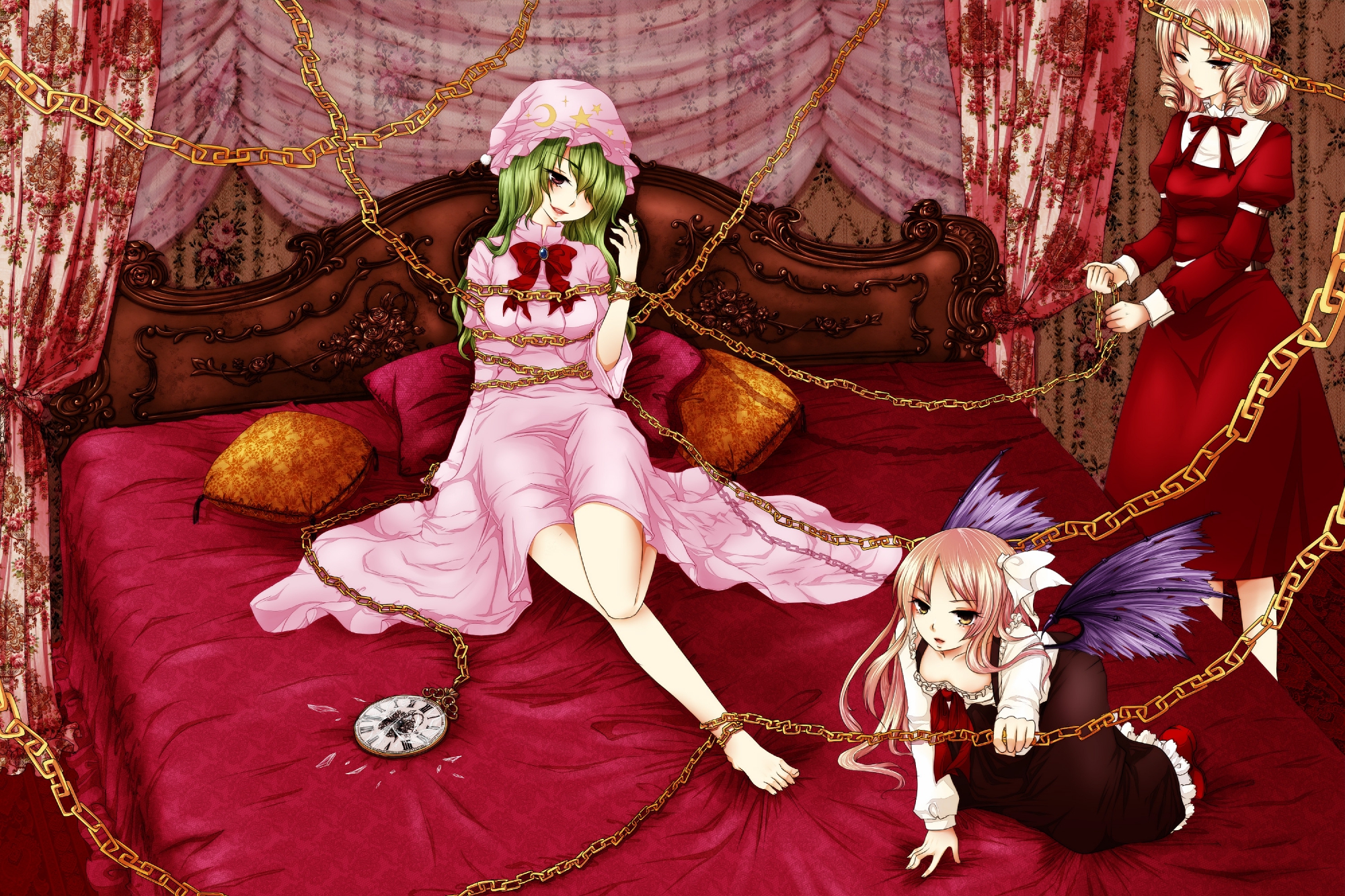 barefoot, bed, blonde_hair, dress, elly, geike, green_hair, hat