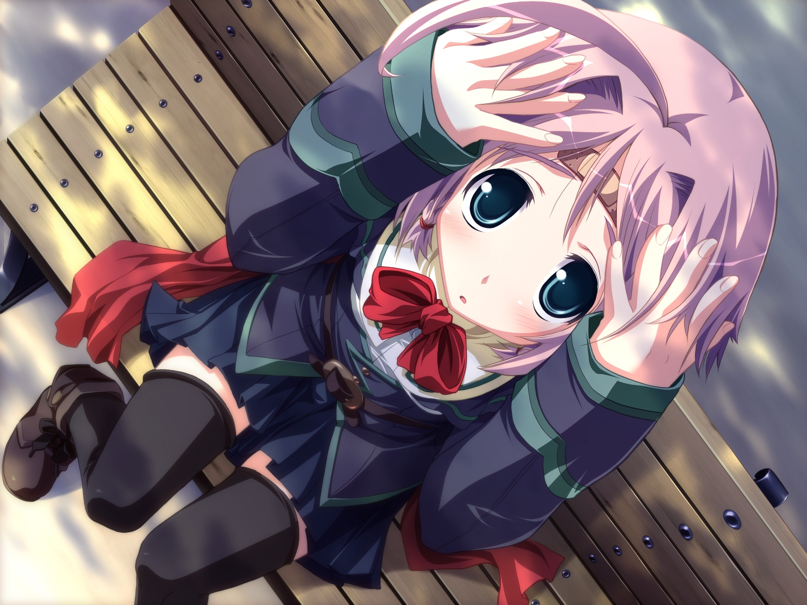 bandaid, game_cg, kurushima_shiho, school_uniform, shirogane_no_soleil, skyfish, thighhighs, tsurugi_hagane, zettai_ryouiki