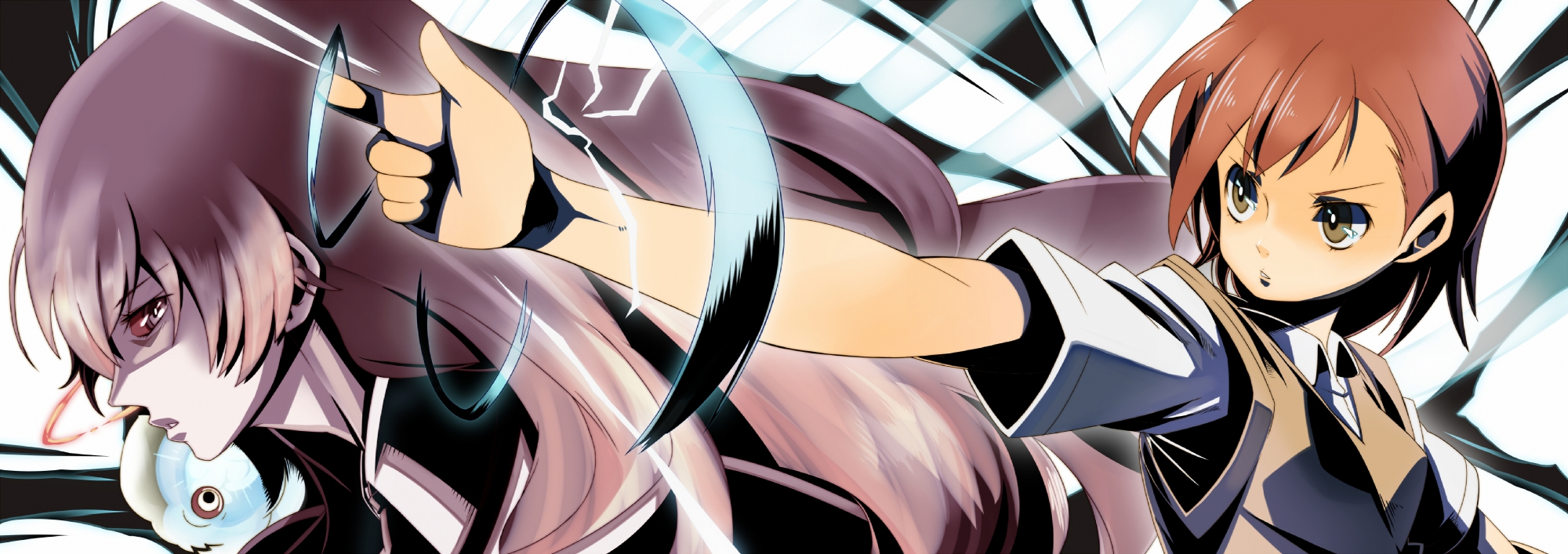 brown_eyes, brown_hair, dualscreen, hajime, kiyama_harumi, long_hair, misaka_mikoto, pink_eyes