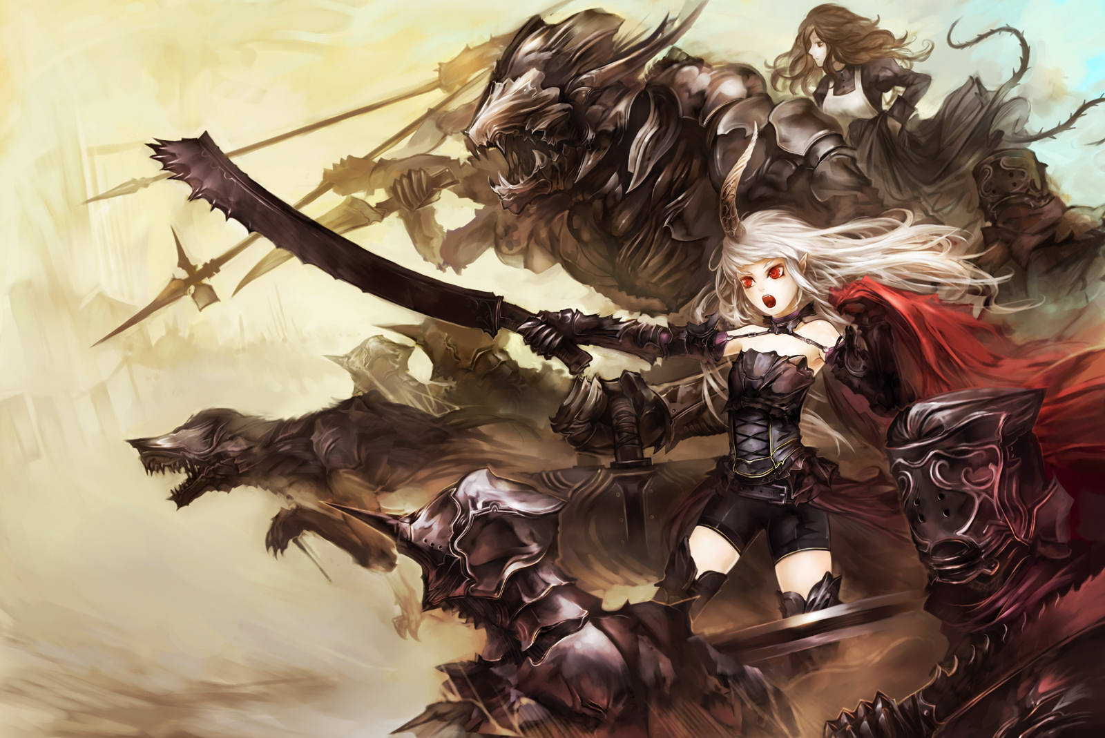 armor, bike_shorts, brown_eyes, brown_hair, demon, horns, long_hair, original, pixiv_fantasia, pointed_ears, red_eyes, shorts, spear, suzuya, sword, weapon, white_hair