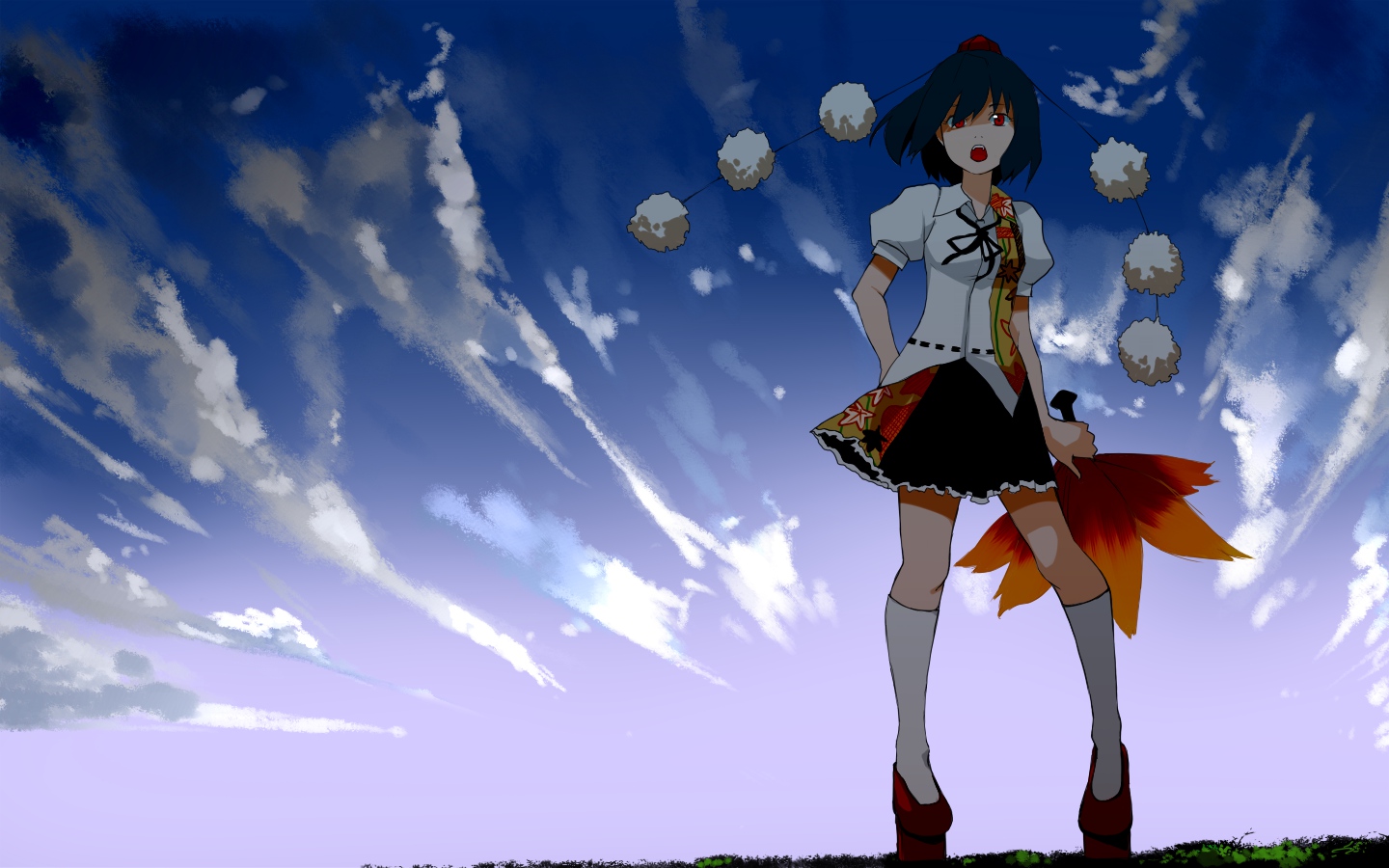 black_hair, red_eyes, shameimaru_aya, short_hair, skirt, sky, touhou, yokohachi