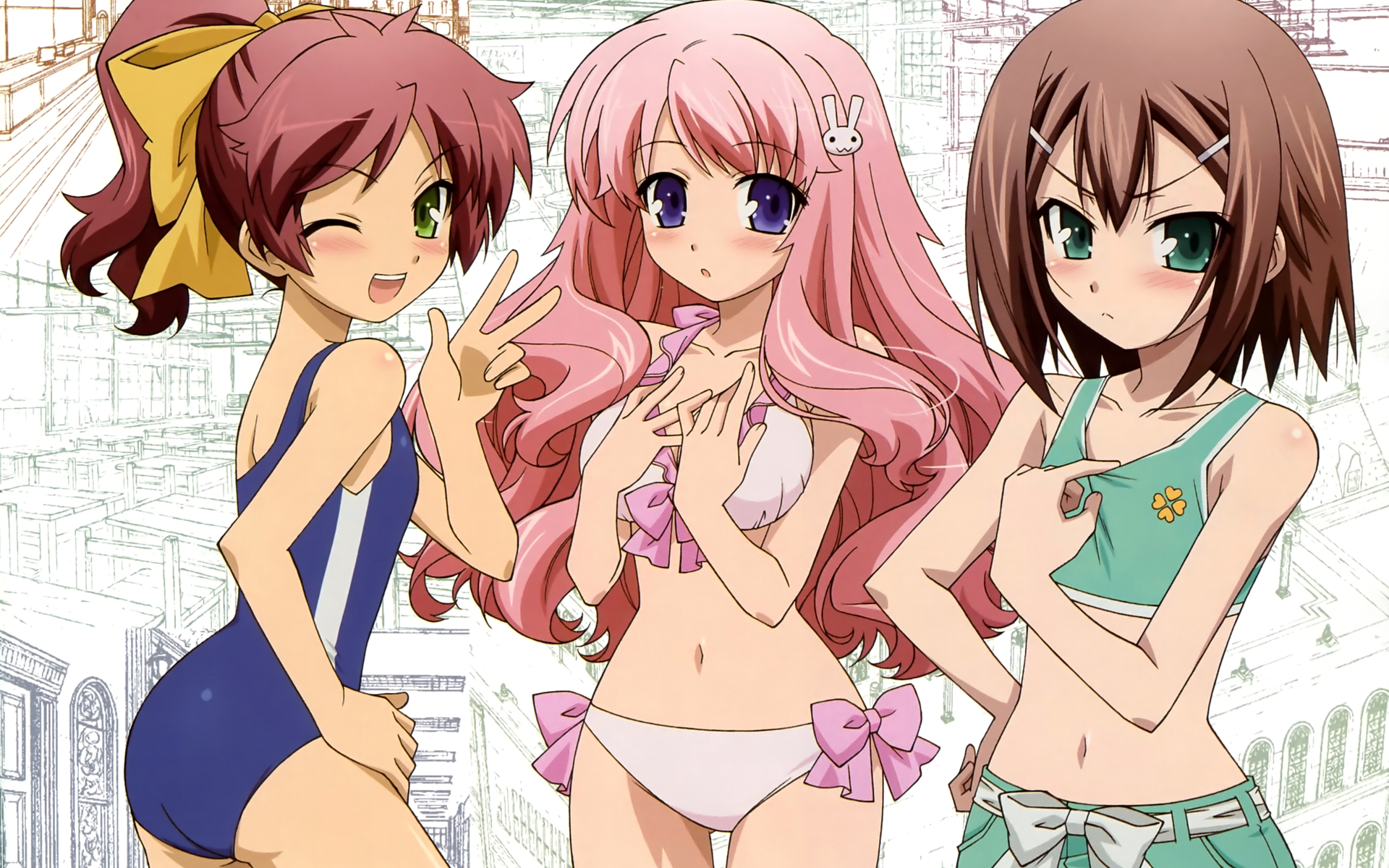 baka_to_test_to_shoukanjuu, bikini, blush, himeji_mizuki, kinoshita_hideyoshi, male, otoko_no_ko, shimada_minami
