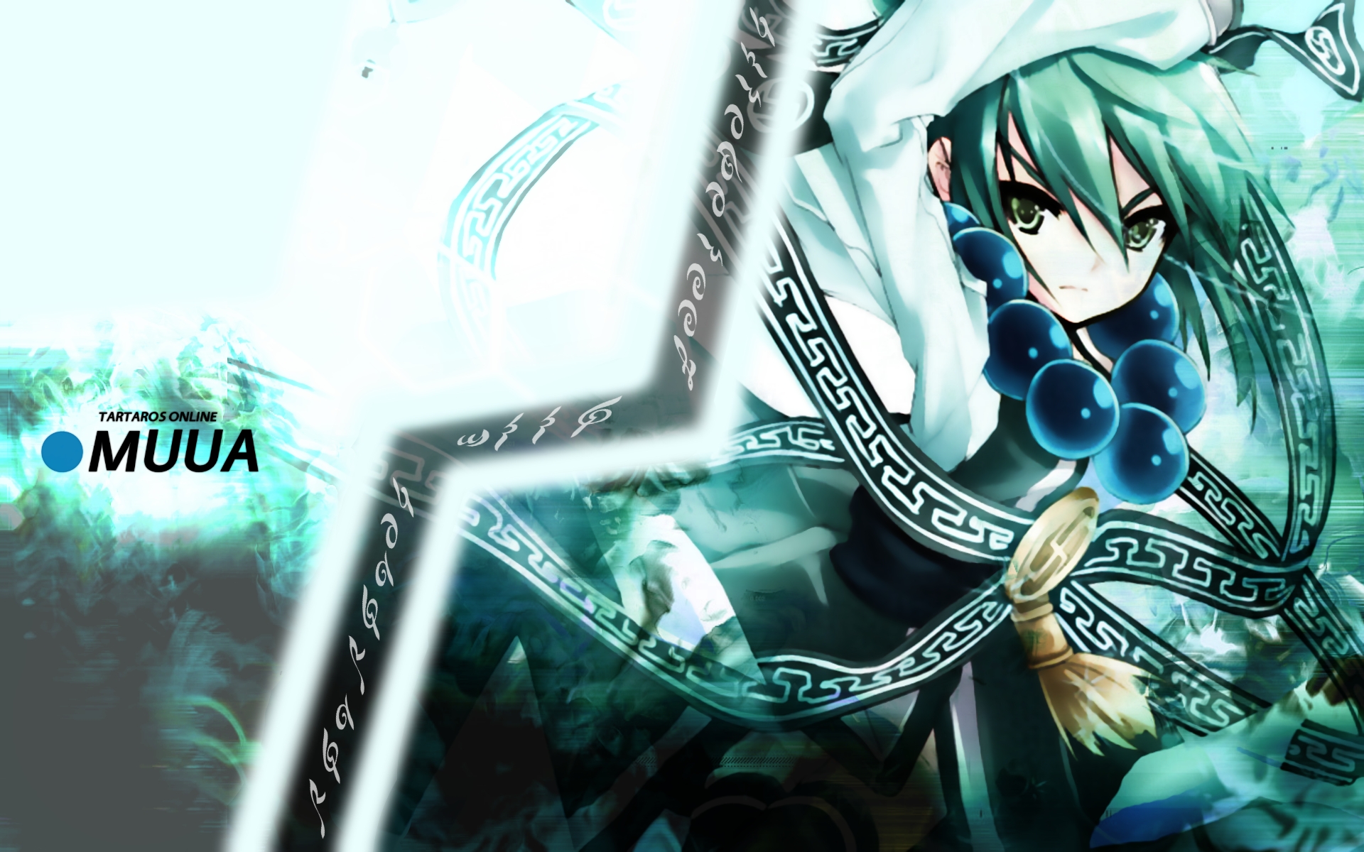 dress, green_eyes, green_hair, muua, necklace, ribbons, short_hair, tartaros