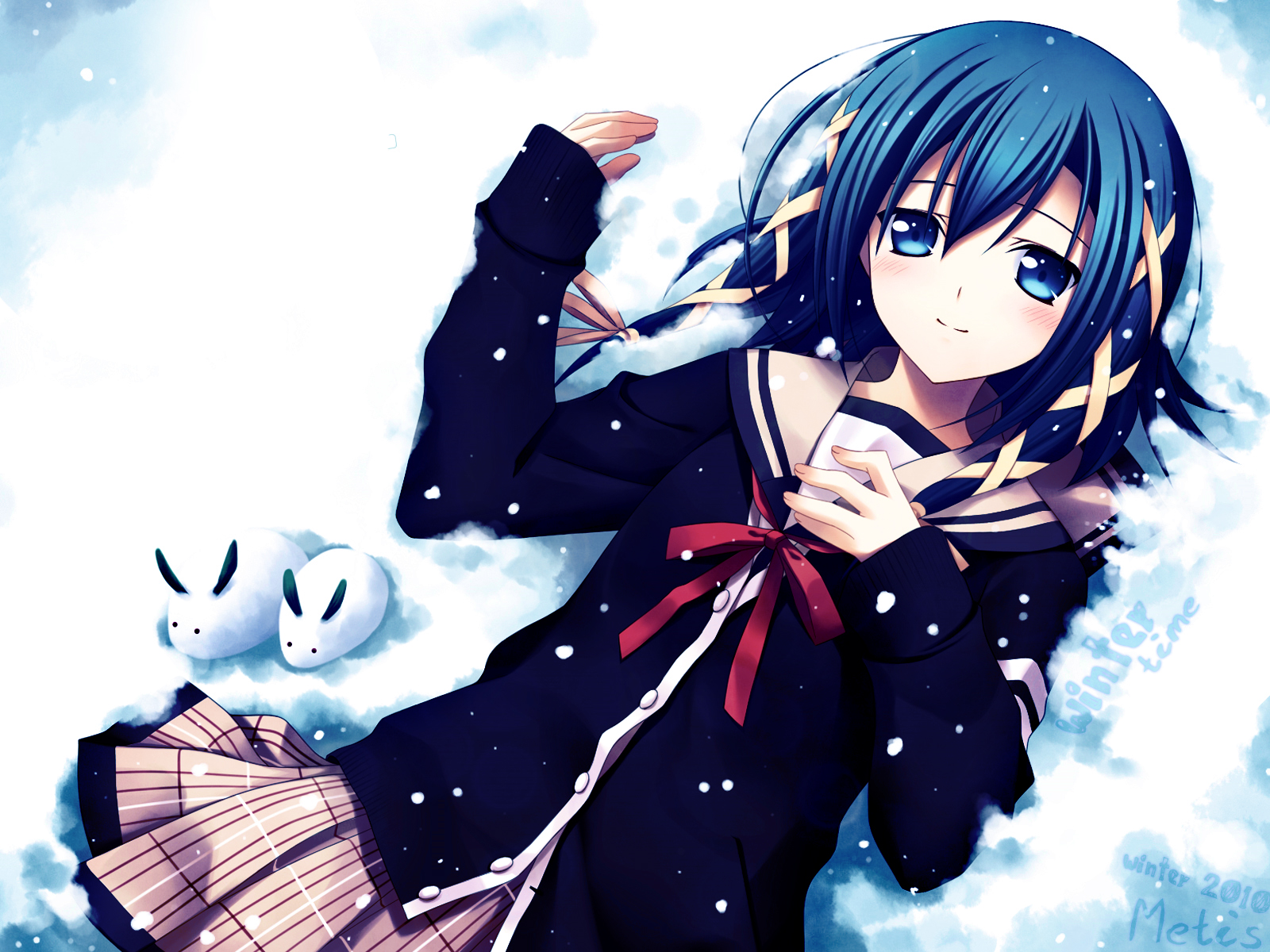 blue_eyes, blue_hair, goutokuji_akira, school_uniform, signal_heart, skirt, snow, winter, zinno