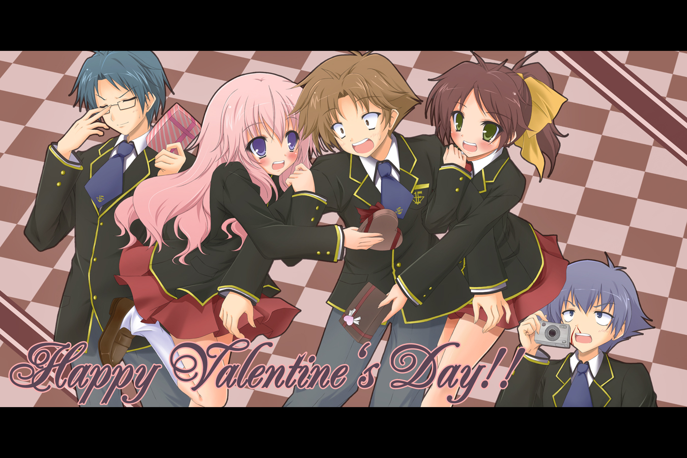 baka_to_test_to_shoukanjuu, blush, himeji_mizuki, kubo_toshimitsu, nosebleed, shimada_minami, tsuchiya_kouta, valentine, yoshii_akihisa