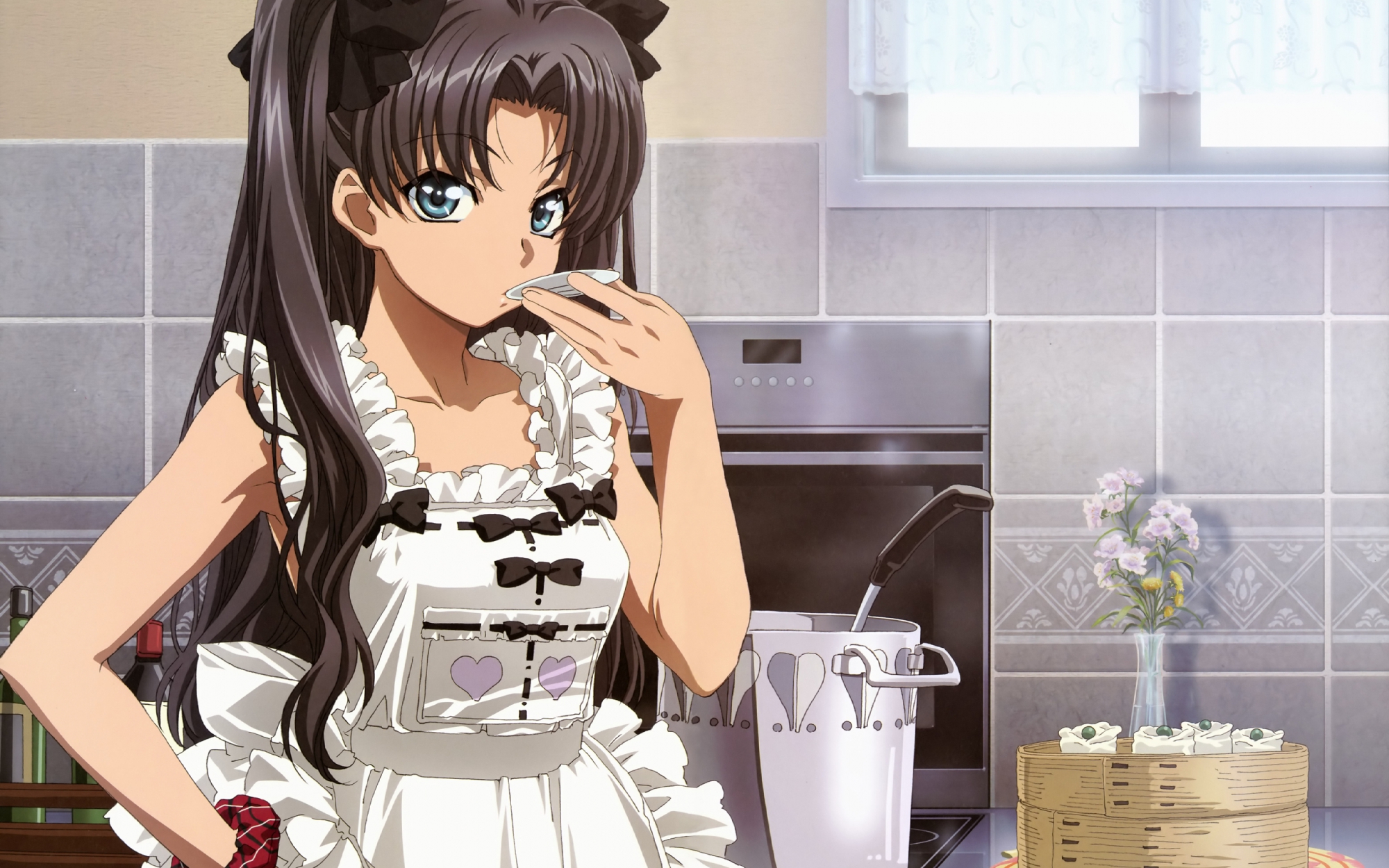 apron, blue_eyes, brown_hair, fate_(series), fate/stay_night, flowers, food, long_hair, nakajima_atsuko, ribbons, tohsaka_rin, twintails