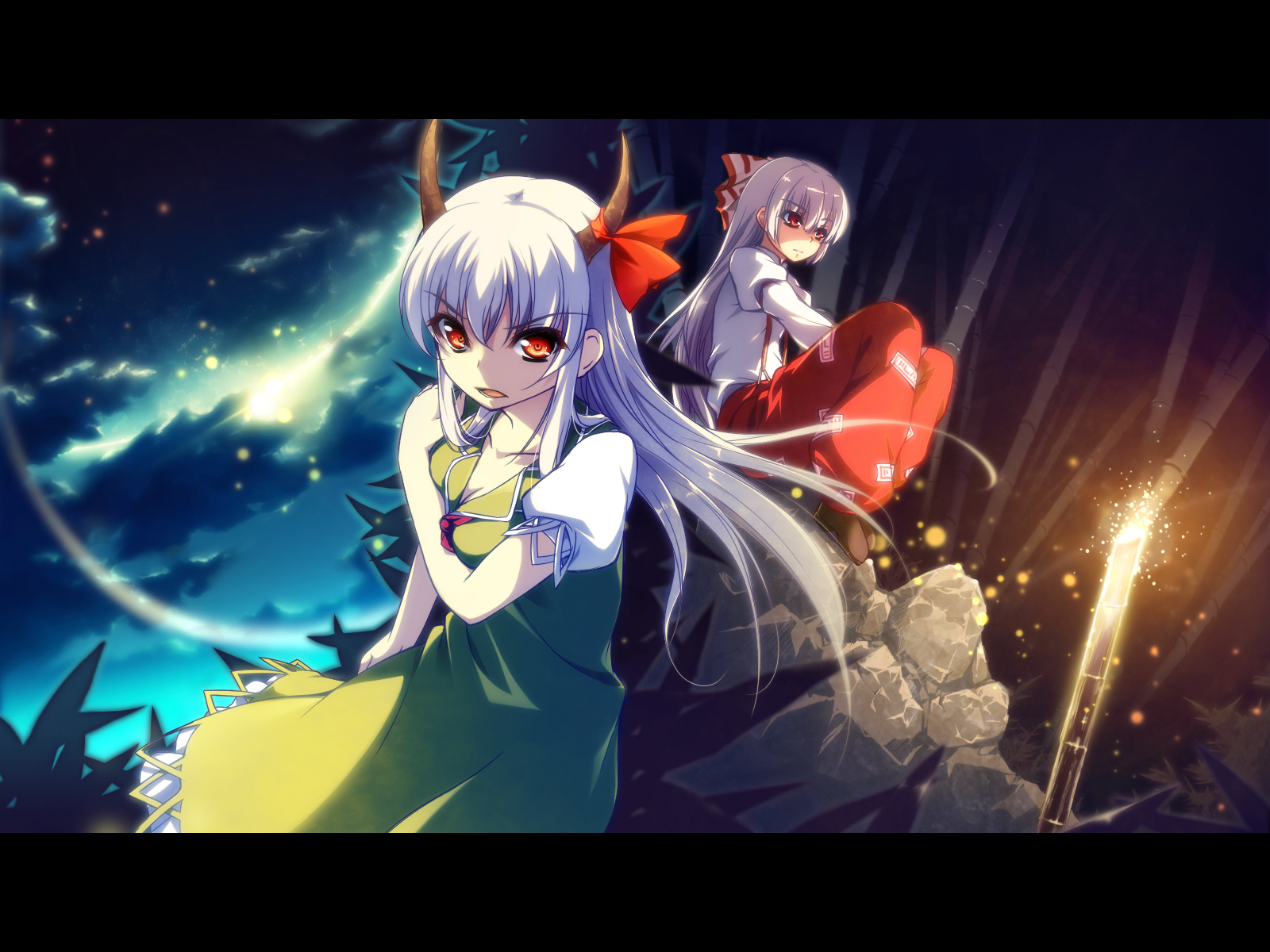 dress, ex_keine, fujiwara_no_mokou, horns, kamishirasawa_keine, kazakura, long_hair, red_eyes