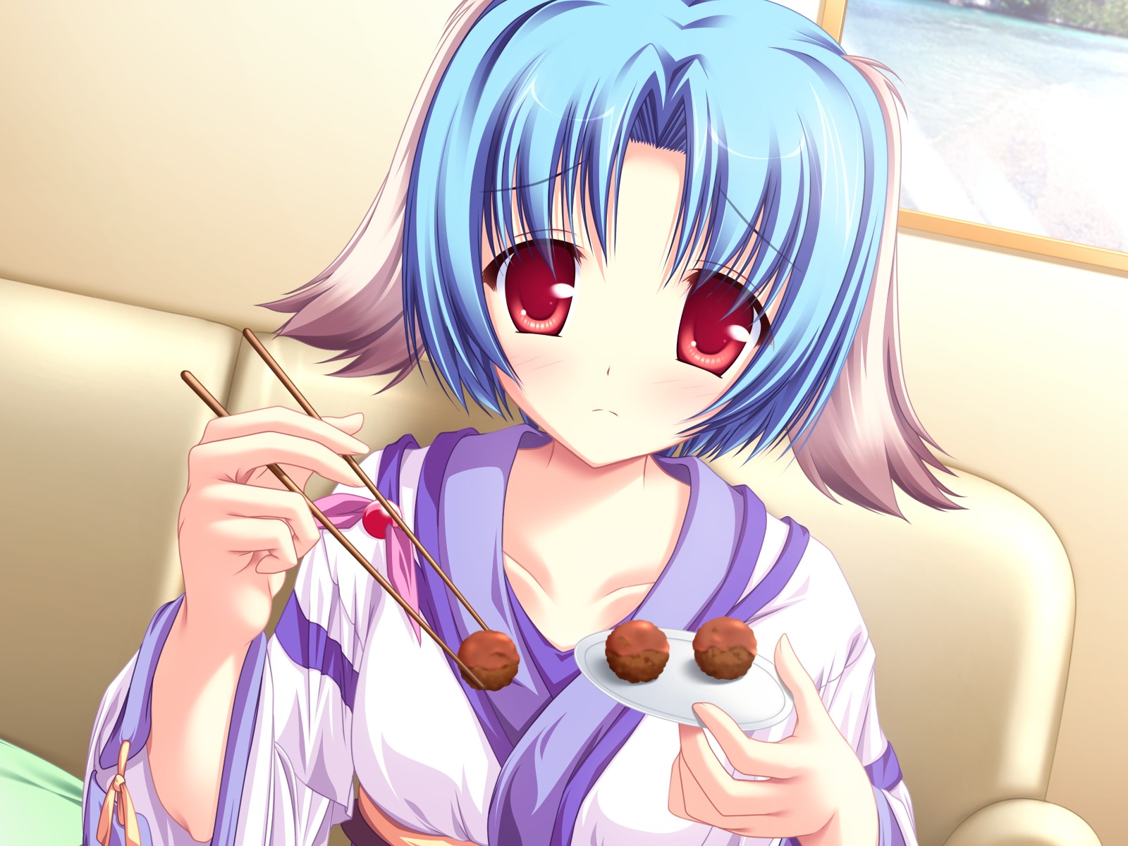 animal_ears, blue_hair, doggirl, food, game_cg, haruhi_sarasa, inakoi, japanese_clothes