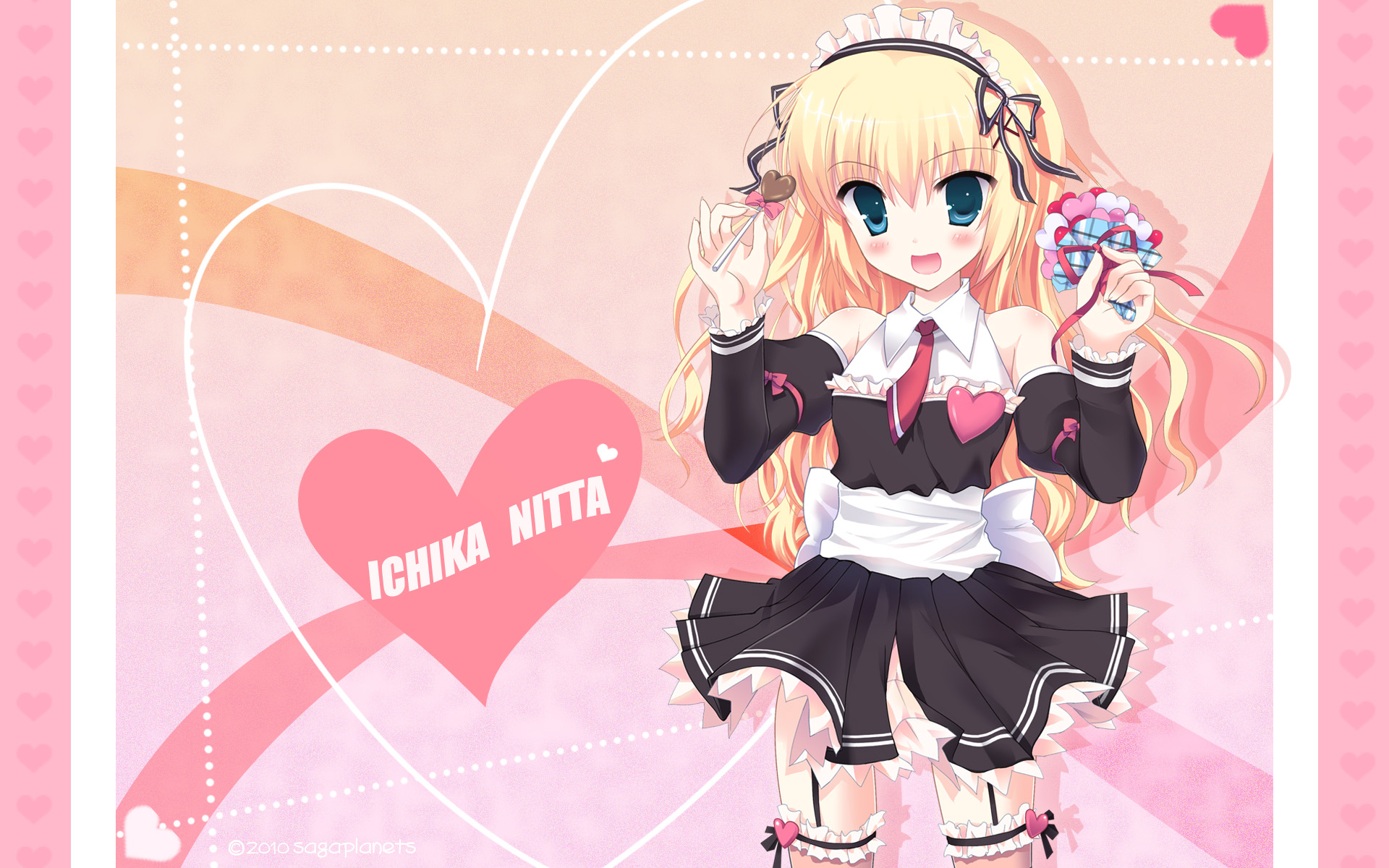 blonde_hair, candy, chimaro, chocolate, garter_belt, kisaragi_gold_star, long_hair, nitta_ichika, saga_planets, thighhighs, valentine, watermark