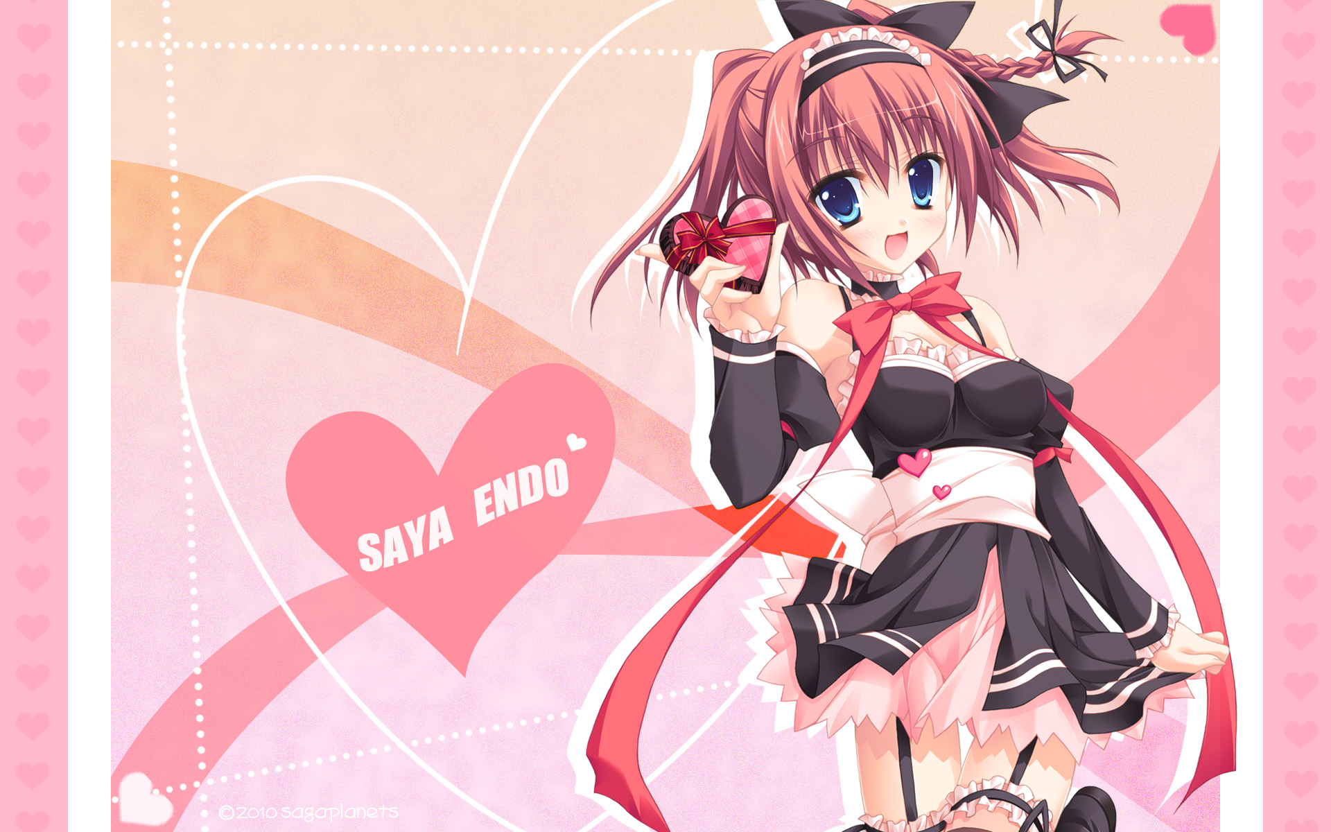 blue_eyes, brown_hair, endou_saya, hontani_kanae, kisaragi_gold_star, maid, saga_planets, thighhighs, valentine, watermark