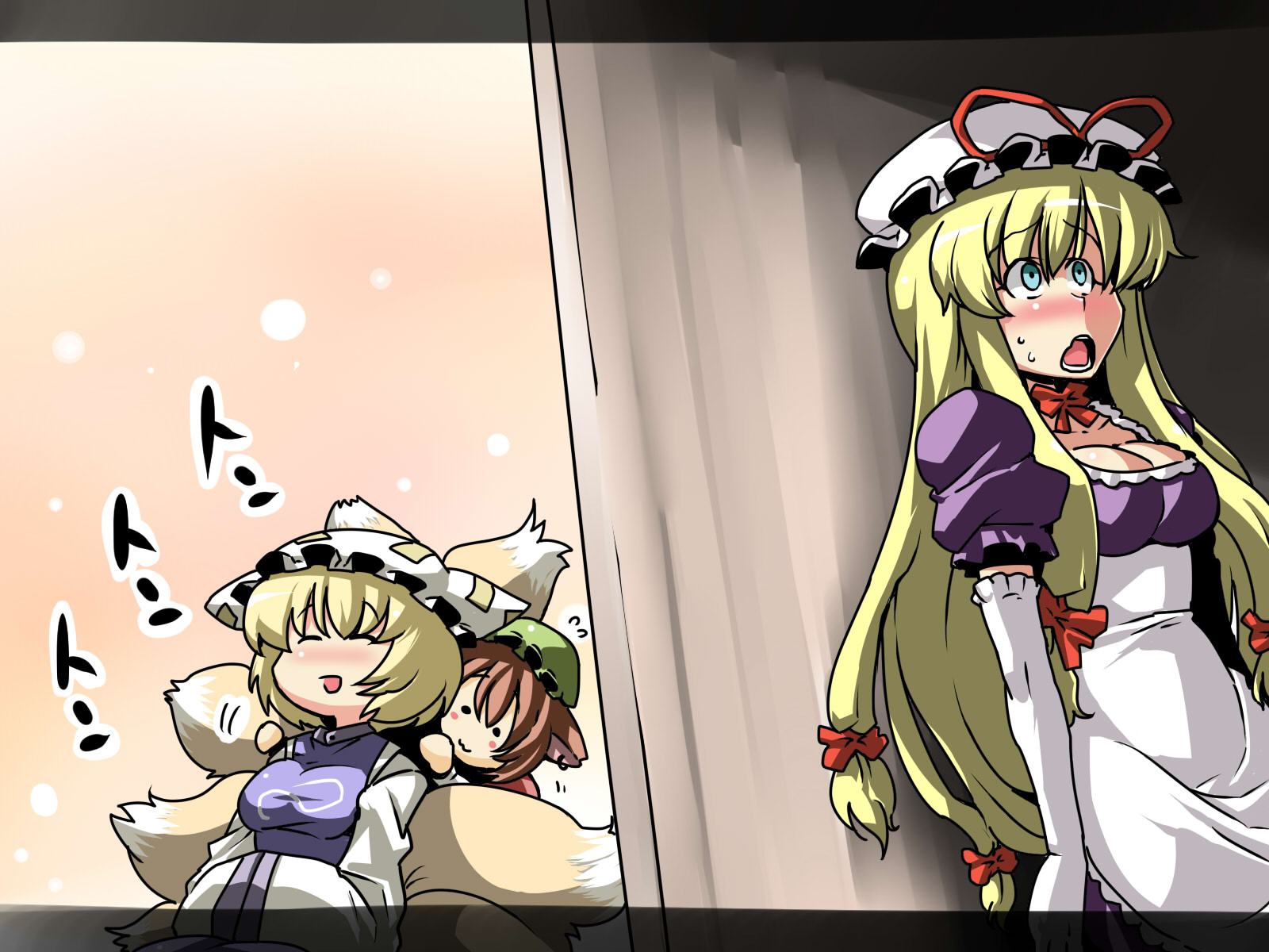 animal_ears, aqua_eyes, blonde_hair, blush, breasts, brown_hair, catgirl, chen