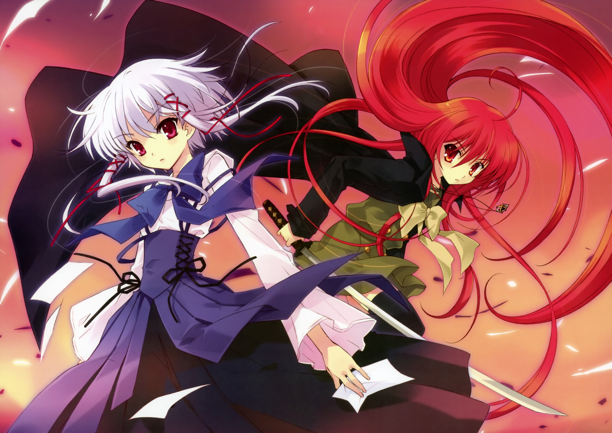2girls, itou_noiji, morimiya_aono, nanao_naru, red_eyes, red_hair, scan, school_uniform, shakugan_no_shana, shana, sola, sword, weapon