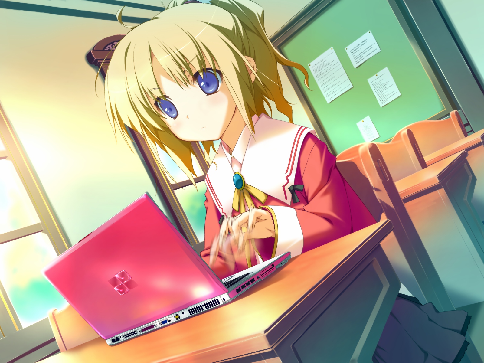 blonde_hair, blue_eyes, computer, favorite, game_cg, happy_margaret!, kokonoka, minahase_karin, school_uniform
