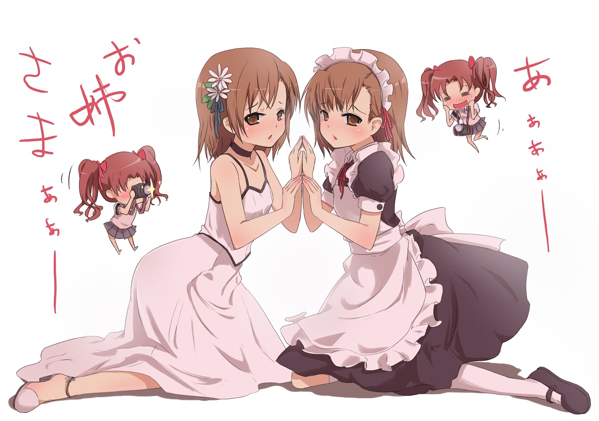 blush, bow, brown_eyes, brown_hair, camera, chibi, dress, headdress, kneehighs, maid, misaka_mikoto, ribbons, shirai_kuroko, shomon, short_hair, skirt, to_aru_kagaku_no_railgun, to_aru_majutsu_no_index, twintails, white