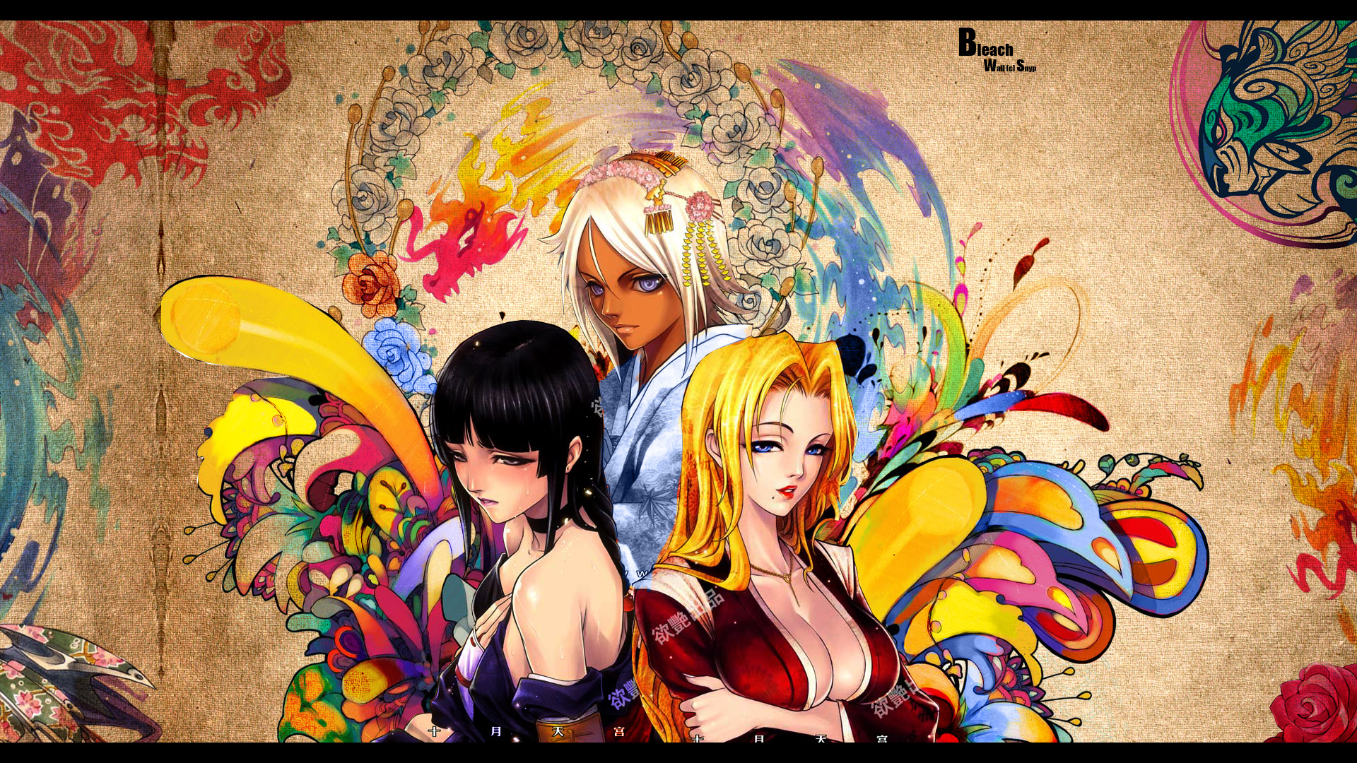black_hair, bleach, blonde_hair, breasts, cleavage, dark_skin, jpeg_artifacts, kurotsuchi_nemu, matsumoto_rangiku, sayo_tanku, shihouin_yoruichi