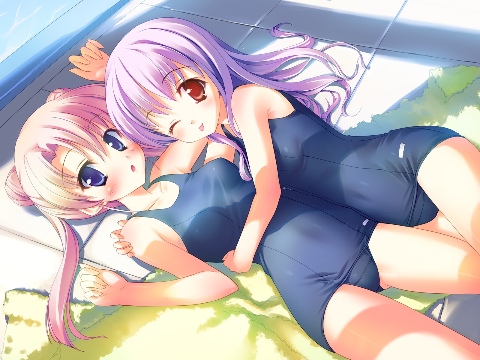 2girls, asato_rina, blush, canvas_3, hug, school_swimsuit, swimsuit, takoyaki_(roast), wink, yamabuki_renge_(canvas)