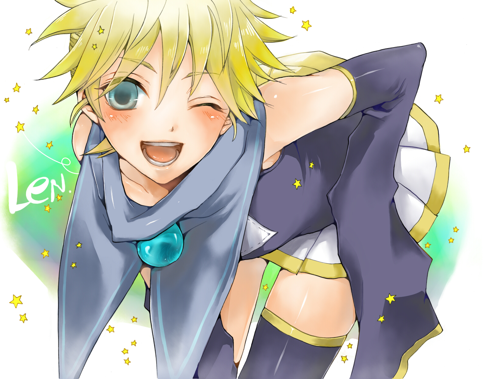 all_male, blonde_hair, blue_eyes, kagamine_len, kagamine_len_no_bousou_(vocaloid), male, manao, otoko_no_ko, school_swimsuit, short_hair, skirt, swimsuit, thighhighs, vocaloid, wink