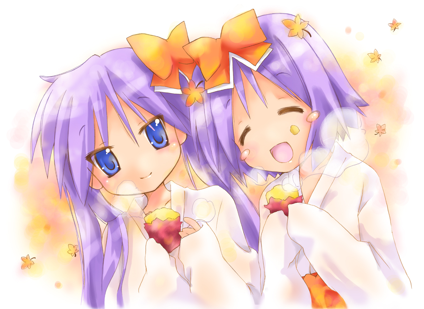 blue_eyes, hiiragi_kagami, hiiragi_tsukasa, japanese_clothes, long_hair, lucky_star, miko, nyanmilla, purple_hair, short_hair, twintails