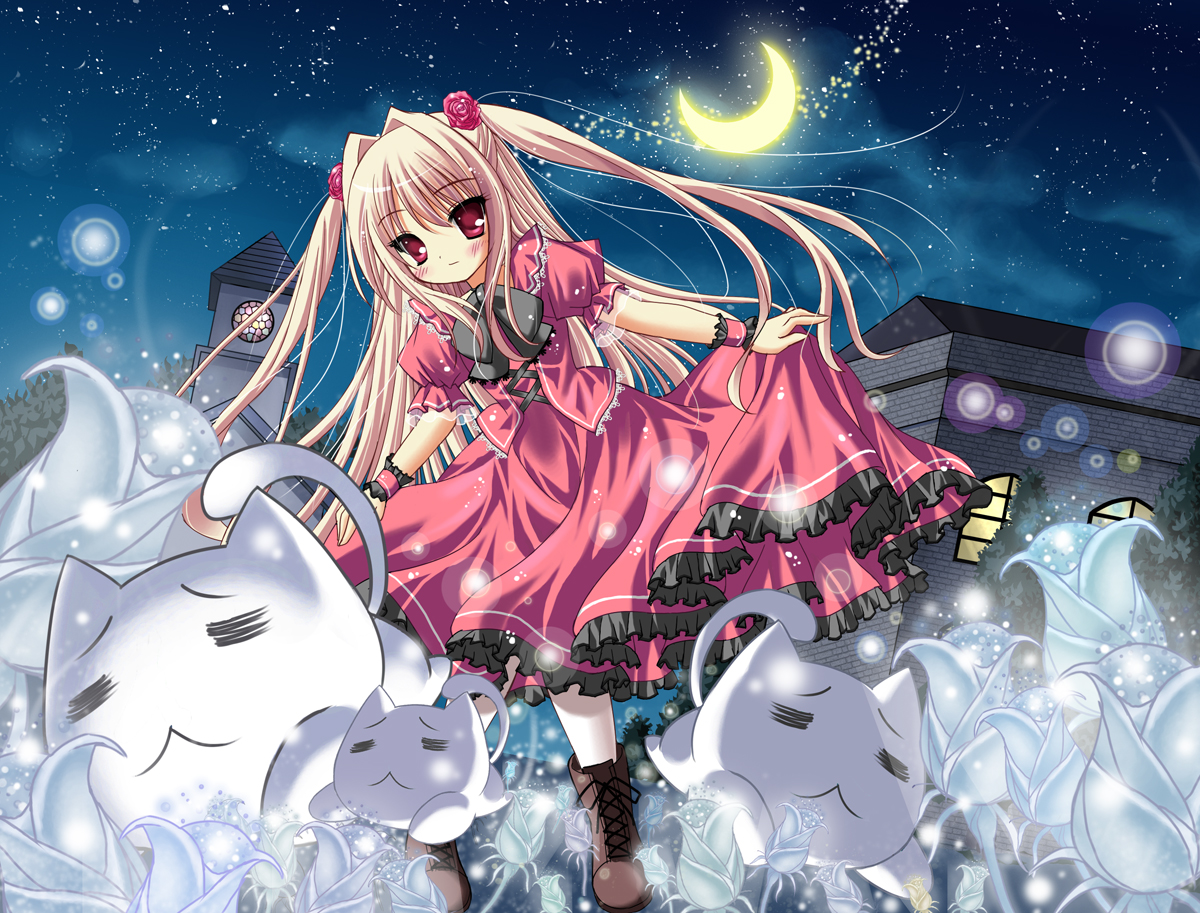 animal, black_cat, blonde_hair, cat, eve, moon, night, red_eyes