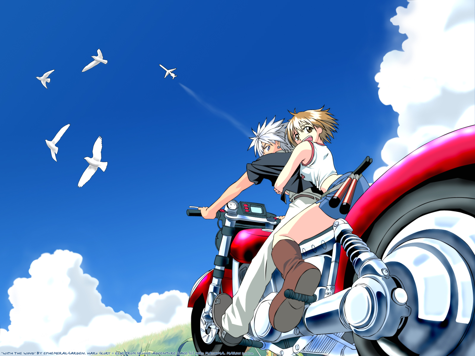 animal, bird, brown_eyes, brown_hair, gray_eyes, groove_adventure_rave, motorcycle, sky, white_hair