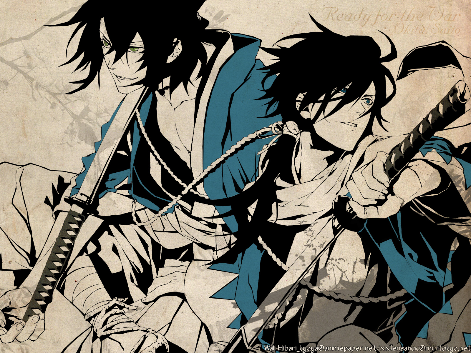 hakuouki_shinsengumi_kitan, katana, okita_souji, polychromatic, saitou_hajime, sword, weapon