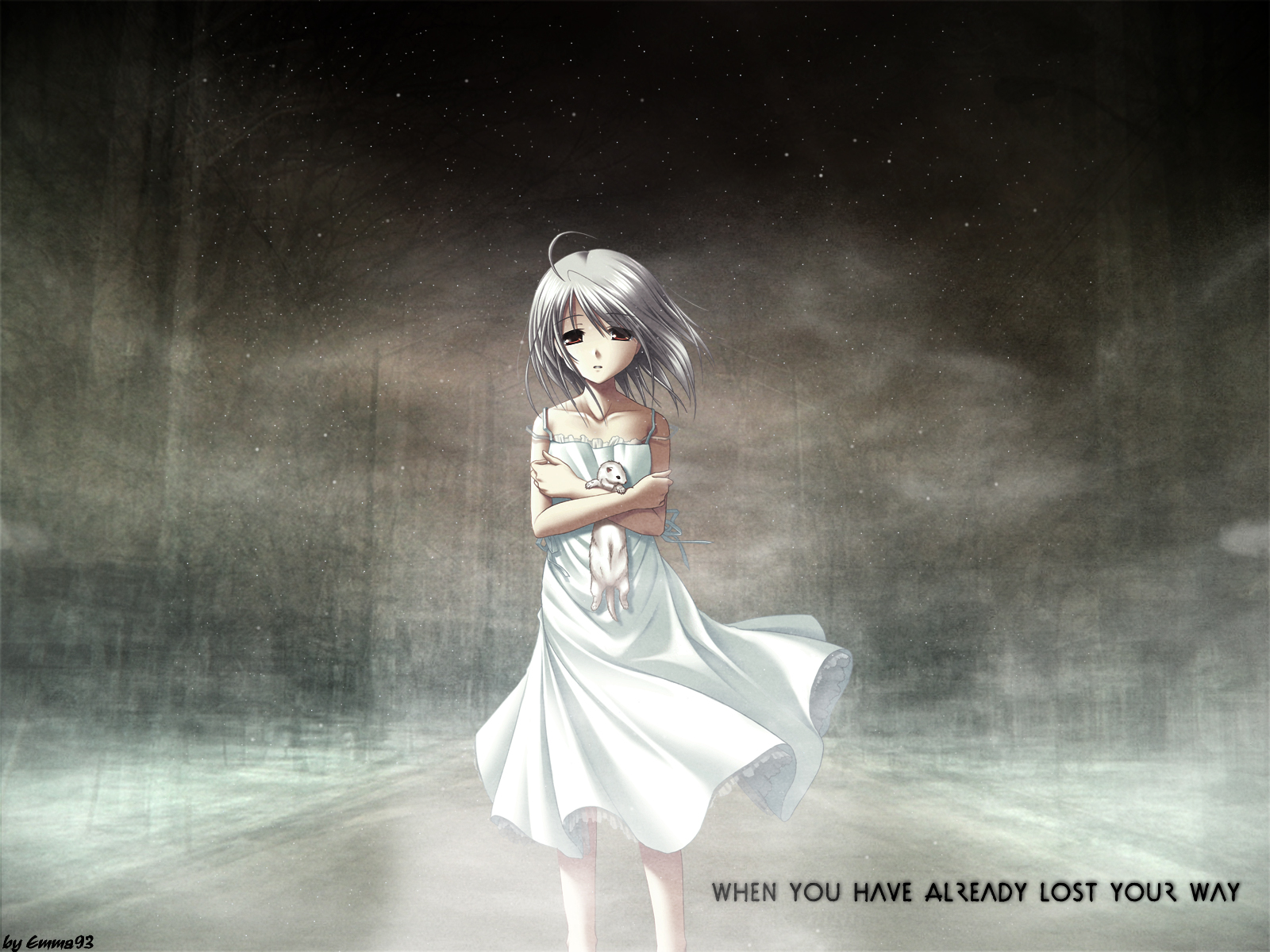 dark, dress, red_eyes, rino, sky, snow, stars, white, white_clarity, white_hair