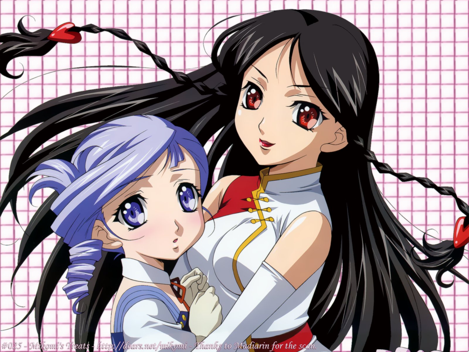 2girls, black_hair, gloves, kanasaki_takaomi, kiddy_grade, lumiere, purple_eyes, purple_hair