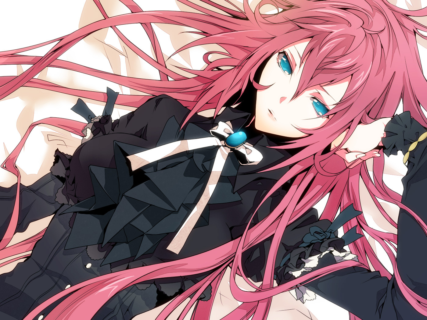 aqua_eyes, dress, long_hair, manya_(mohu_is-mine), megurine_luka, pink_hair, ribbons, vocaloid