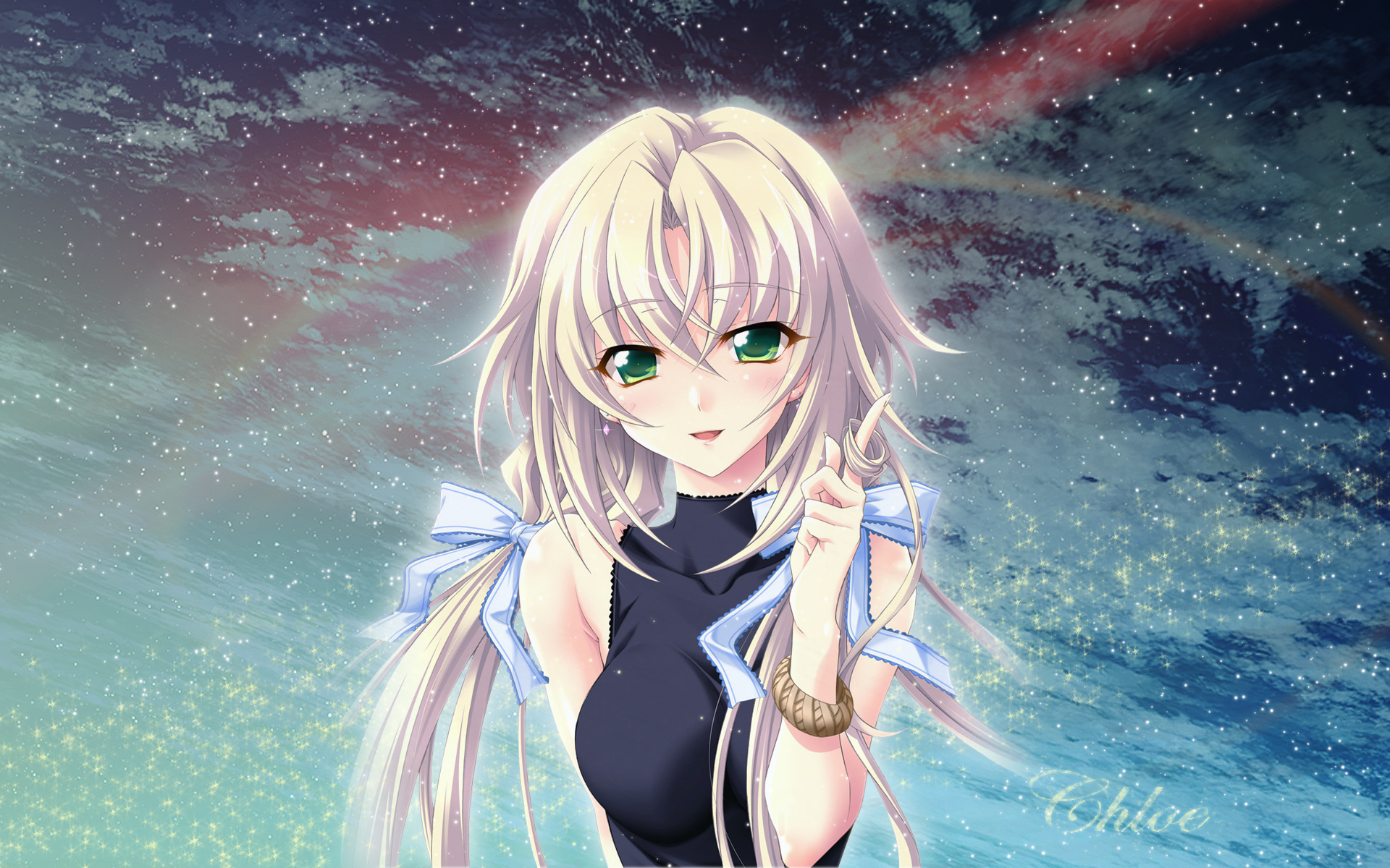 green_eyes, kagamigawa_chloe, memories_off, memories_off_6, ribbons, stars, white_hair