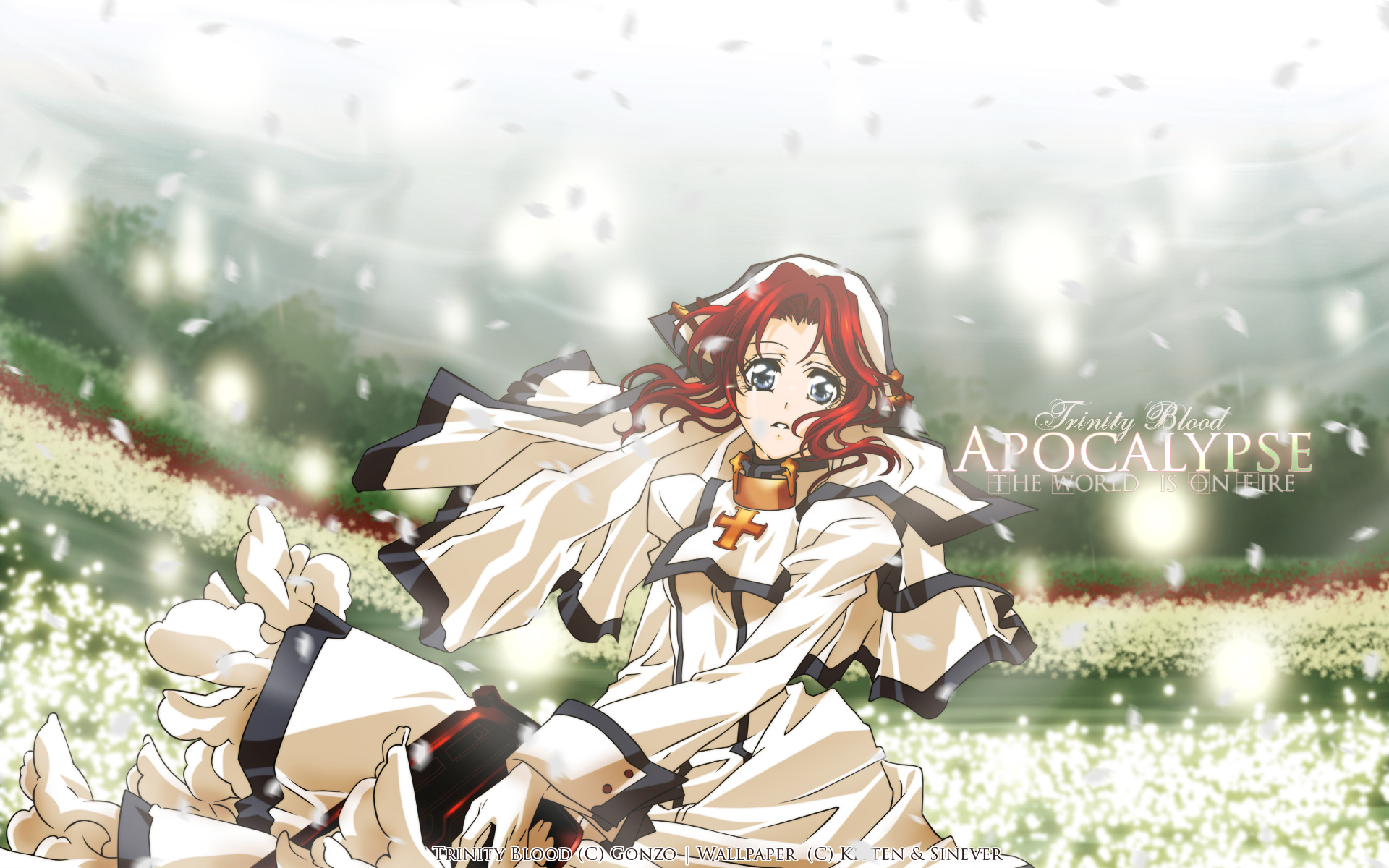 blue_eyes, dress, esther_blanchett, flowers, petals, red_hair, trinity_blood