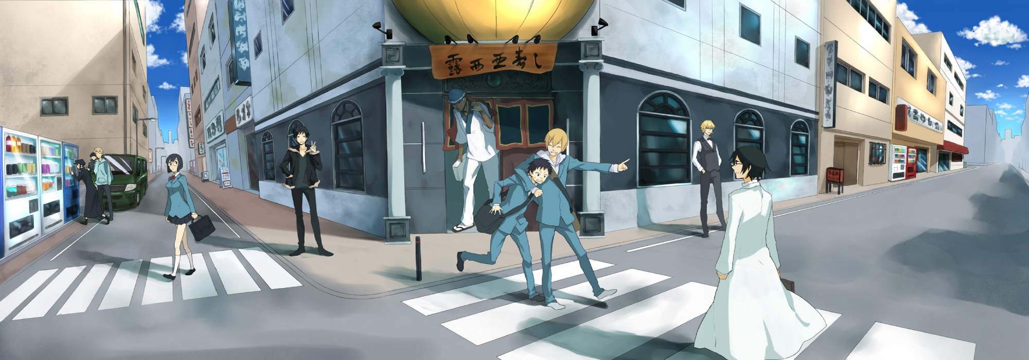 brezhnev_simon, car, clouds, dualscreen, durarara!!, heiwajima_shizuo, kadota_kyohei, karisawa_erika