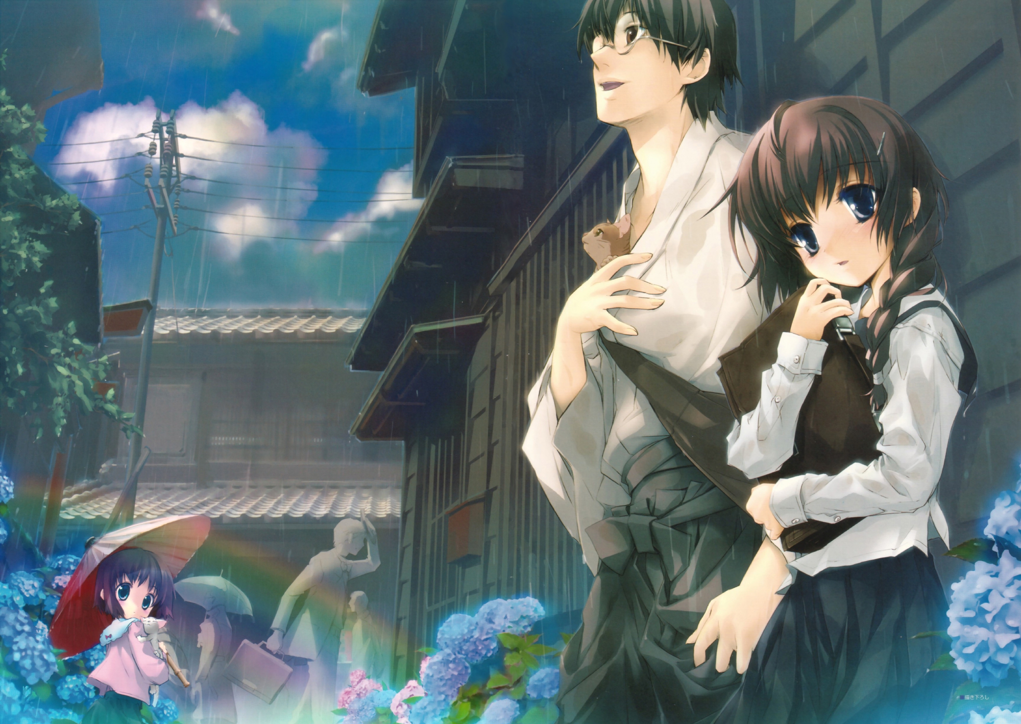 animal, blue_eyes, brown_eyes, brown_hair, cat, clouds, flowers, goto_nao, japanese_clothes, kimono, rain, rainbow, scenic, tagme, umbrella, water