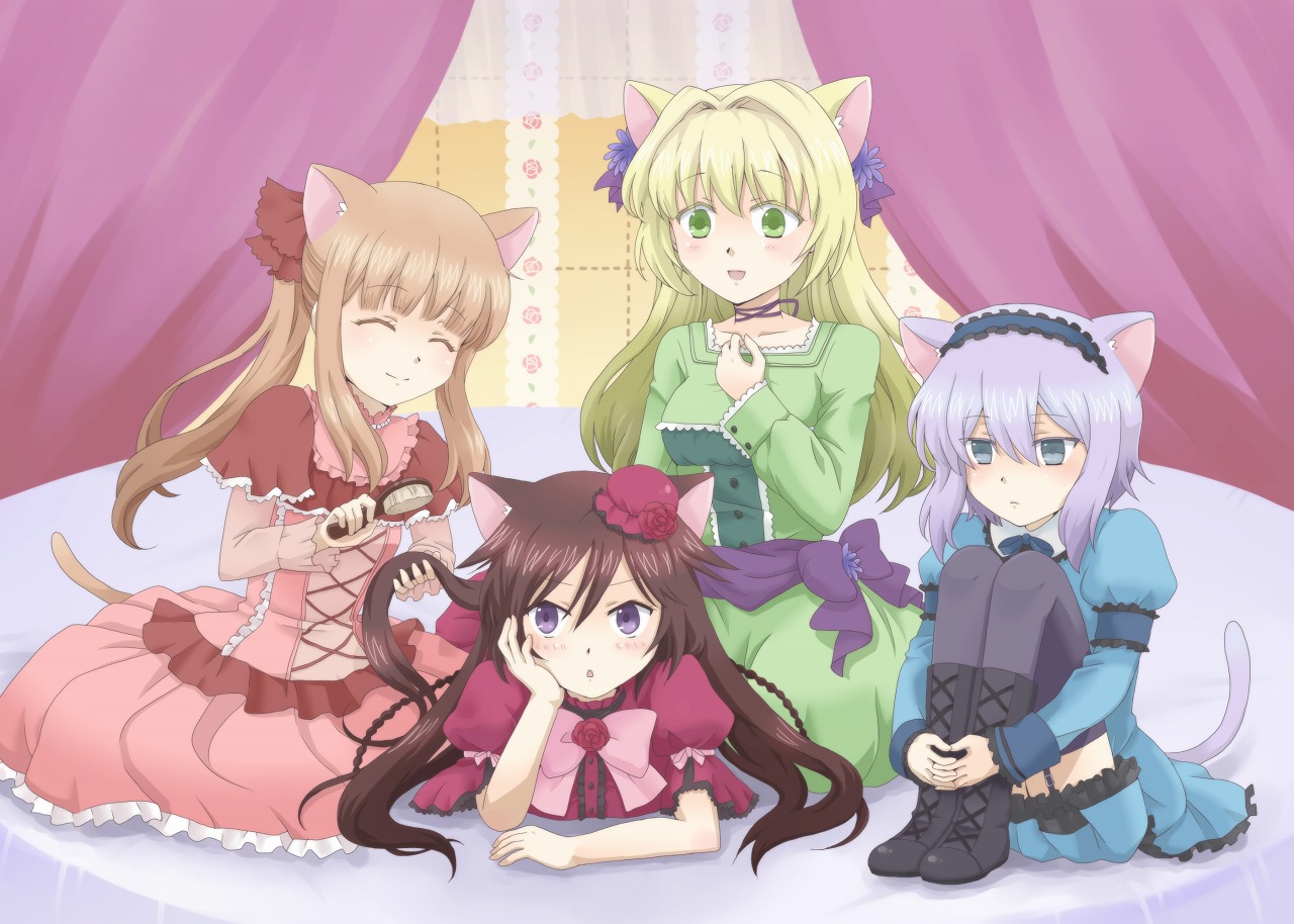 ada_vessalius, alice_(pandora_hearts), animal_ears, bed, blonde_hair, blue_eyes, blue_hair, boots, bow, brown_hair, catgirl, dress, echo, green_eyes, lolita_fashion, long_hair, pandora_hearts, sharon_rainsworth, short_hair, tail, thighhighs