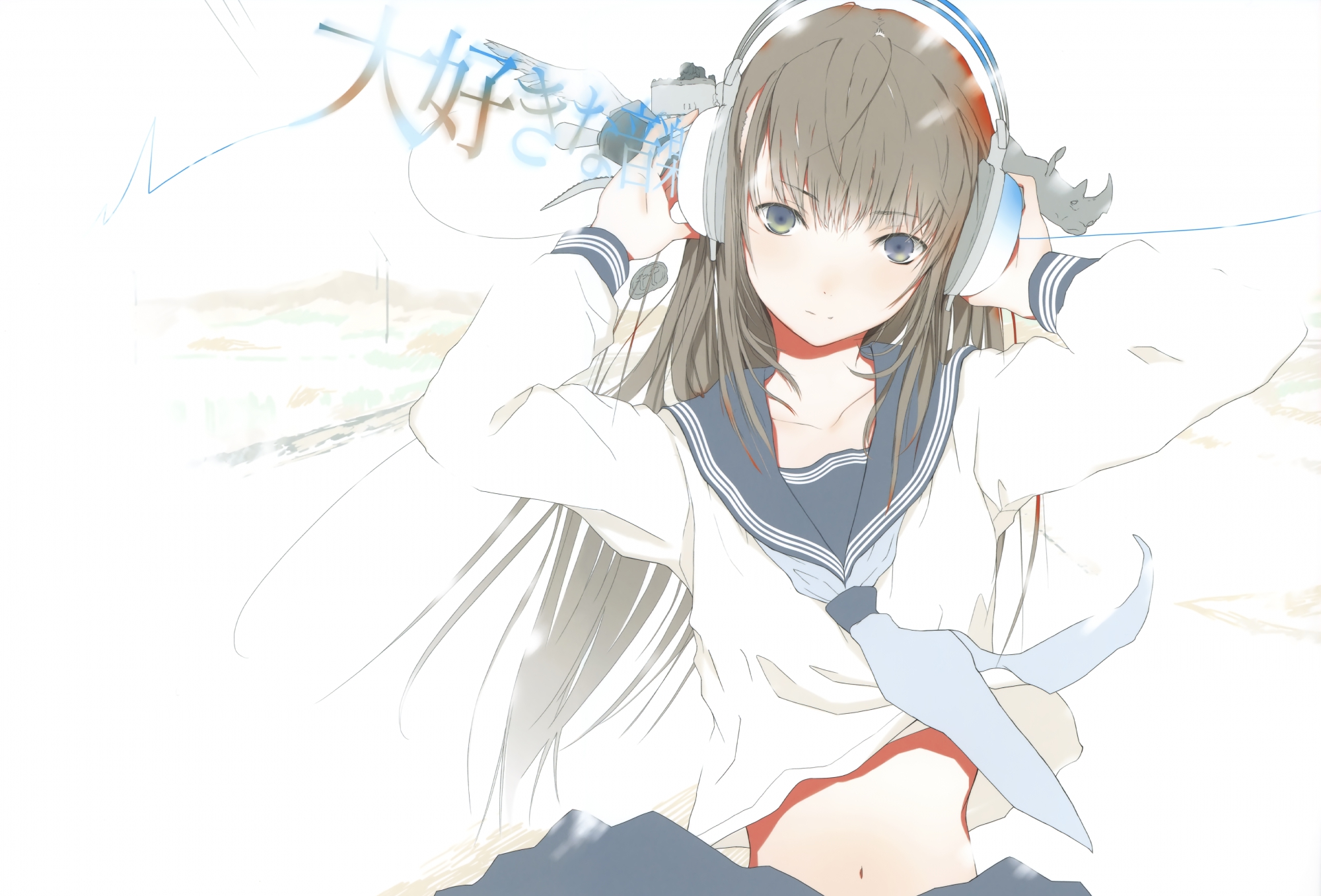 blue_eyes, brown_hair, fuyuno_haruaki, headphones, long_hair, original, scan, school_uniform