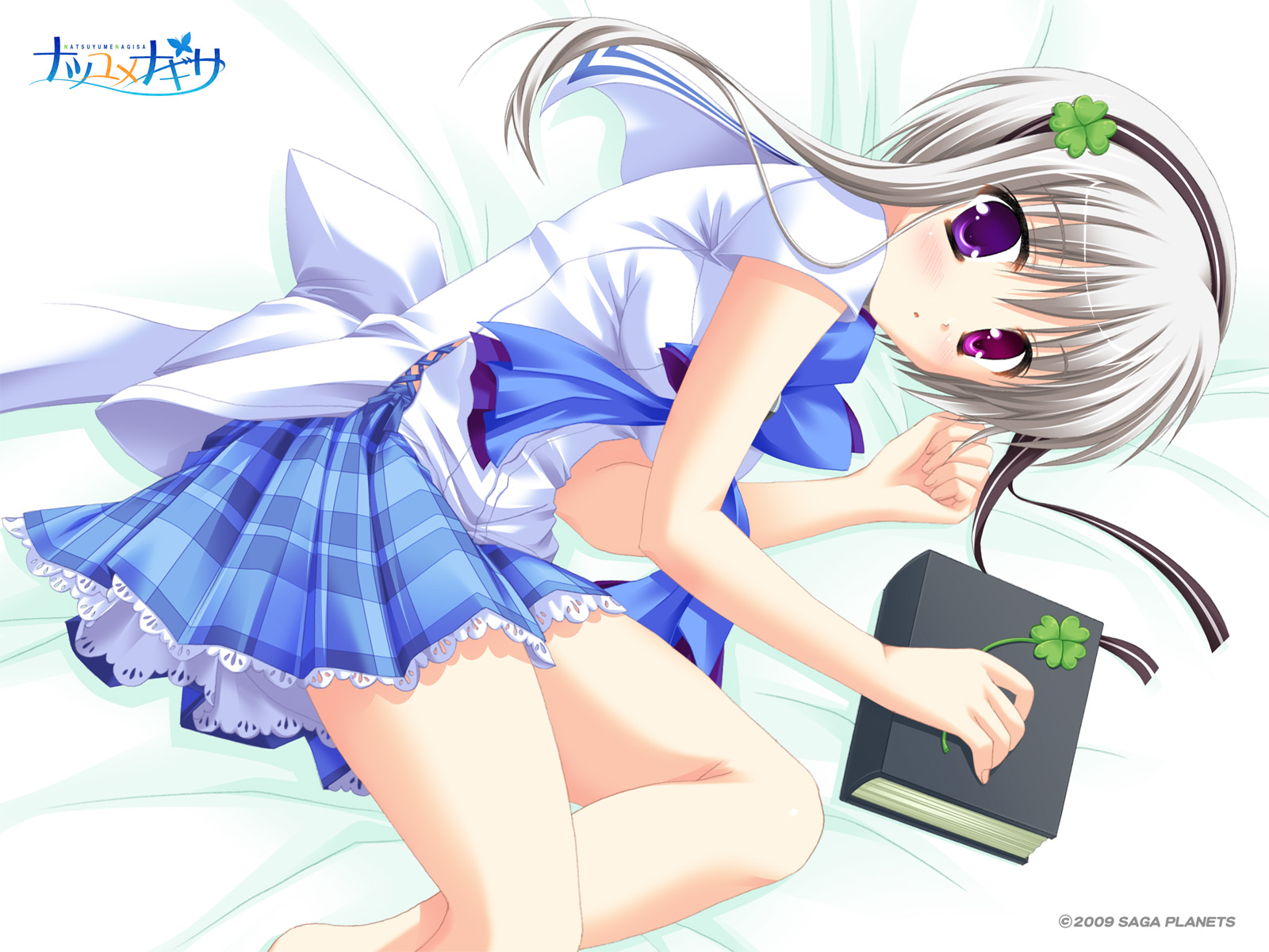 bed, bicolored_eyes, book, bow, headband, natsu_yume_nagisa, rougi_maki, sesena_yau, short_hair, skirt, white, white_hair