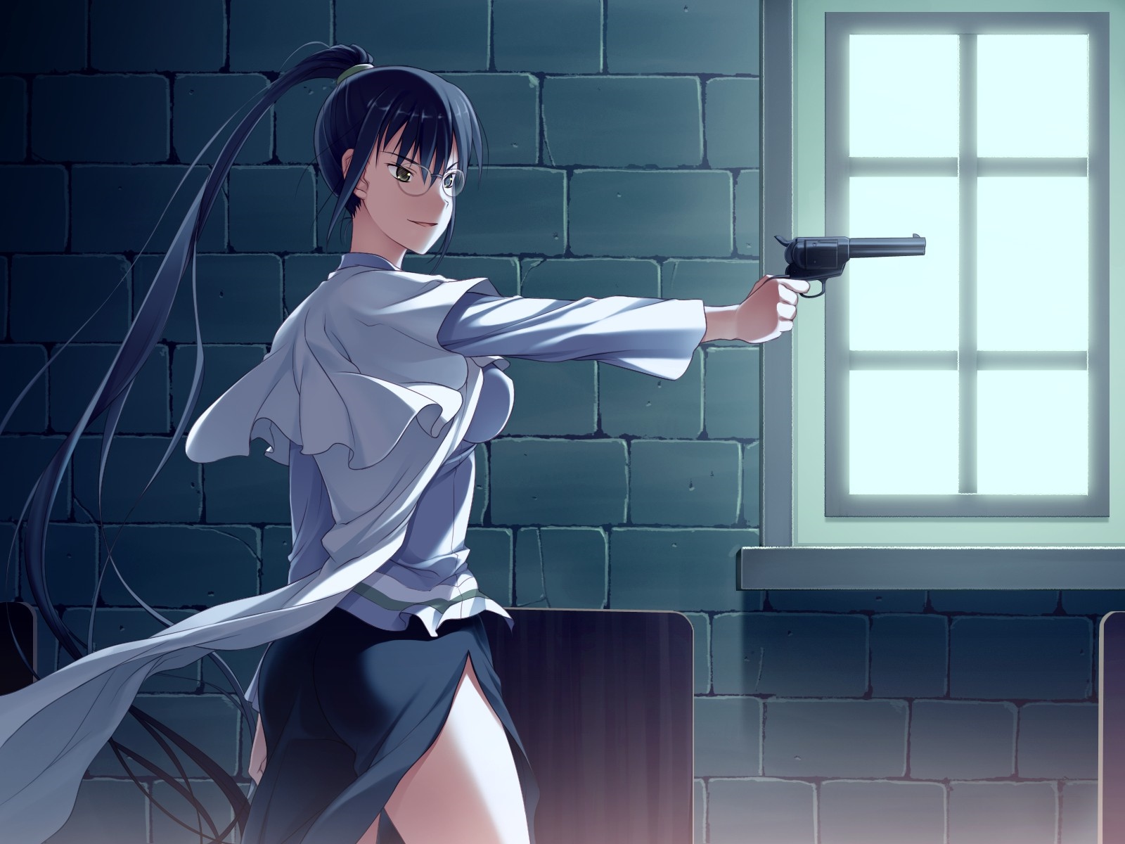 amakura, black_hair, game_cg, glasses, gun, id_-rebirth_session-, long_hair, ponytail