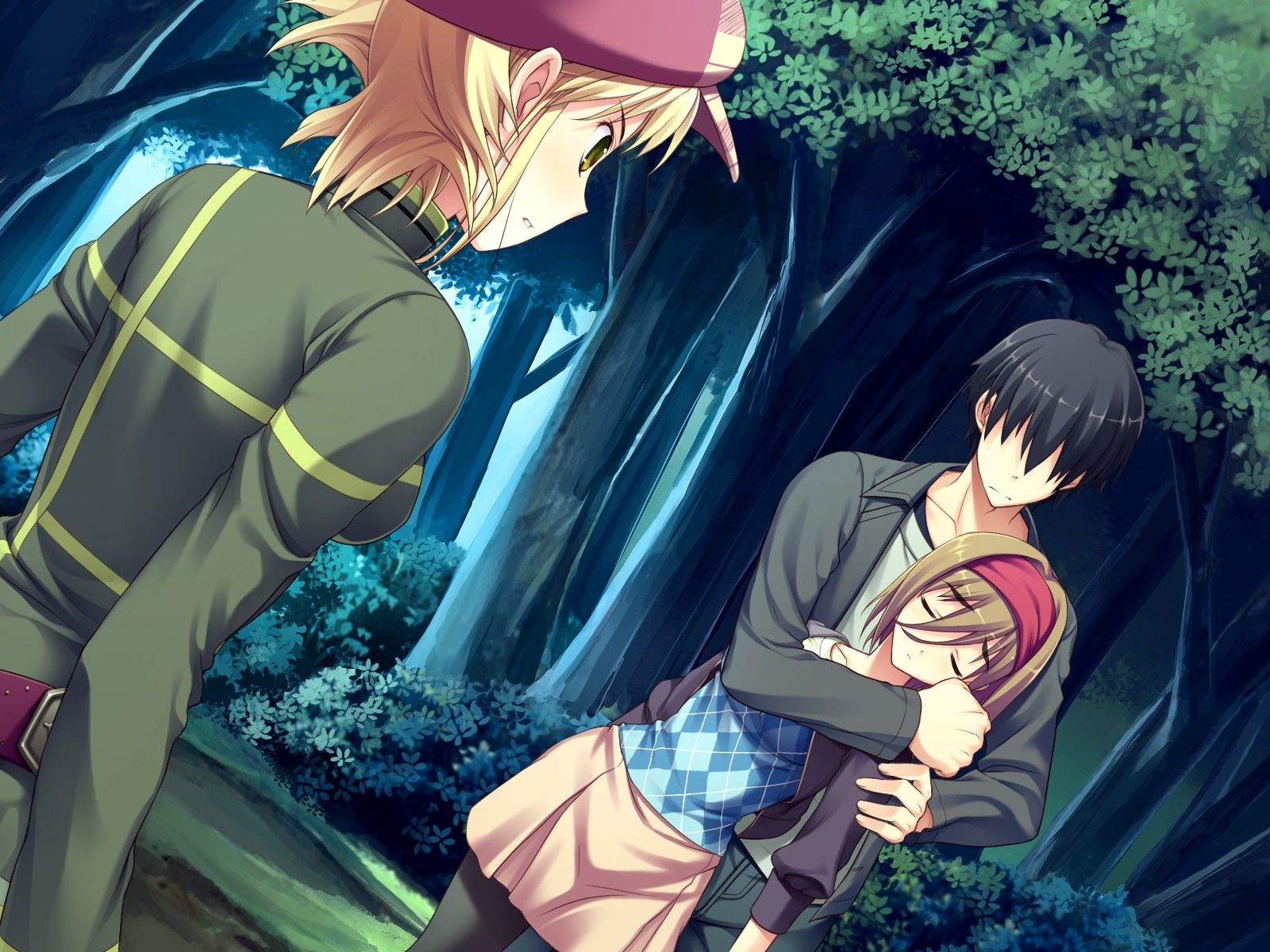 amakura, amamiya_kisa, forest, game_cg, id_-rebirth_session-, male, pantyhose, root_nuko, tachibana_shizuku, tagme_(character), tree