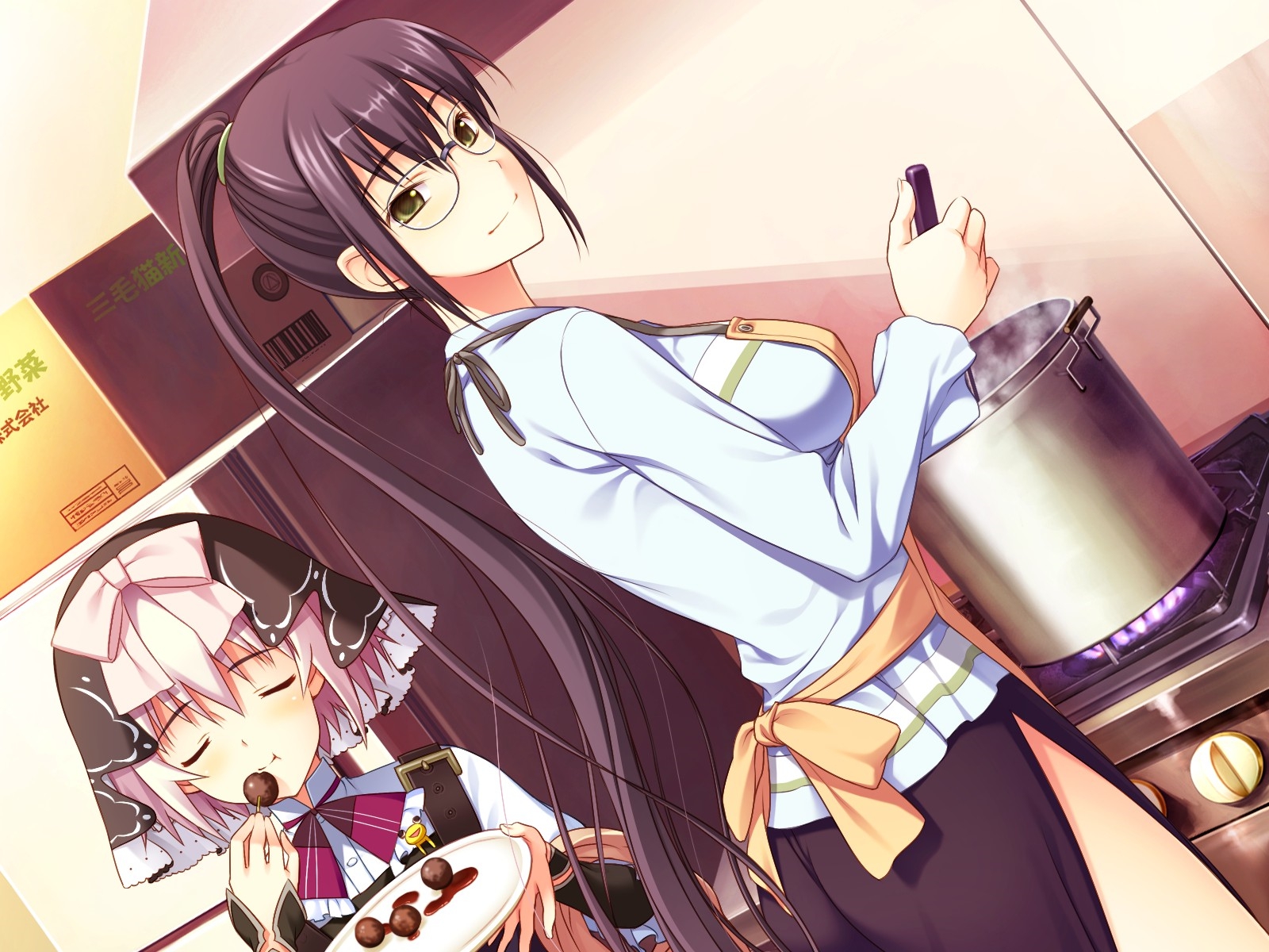 2girls, amakura, apron, food, game_cg, glasses, himuro_sae, id_-rebirth_session-, root_nuko, saionji_kyouko