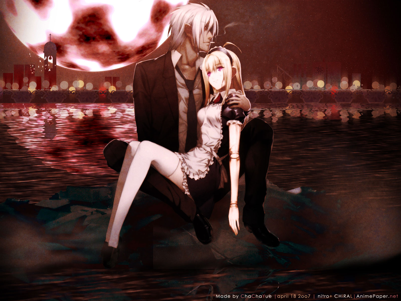 anna, blonde_hair, carnevale_della_luce_della_luna, cigarette, dark_skin, long_hair, maid, moon