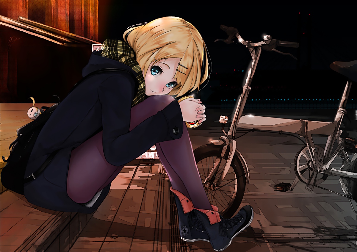 bicycle, blonde_hair, blue_eyes, kagamine_rin, mirre, original, pantyhose, scarf, vocaloid