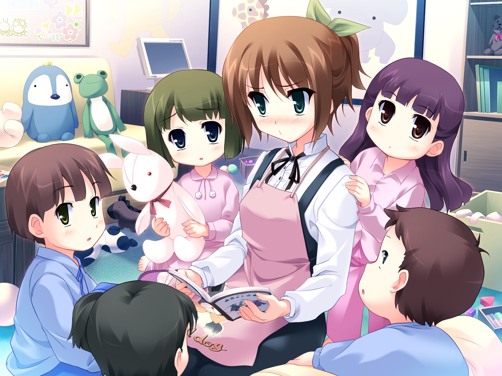 apron, black_hair, blush, brown_eyes, brown_hair, computer, game_cg, green_eyes